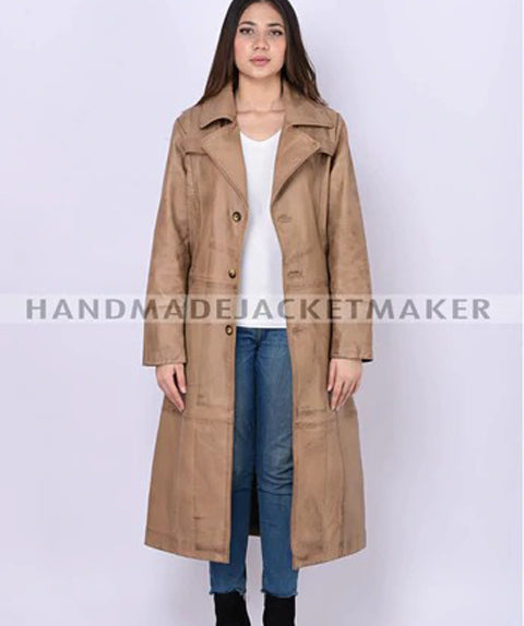 Leather Trench Coat For Women Distressed Tan