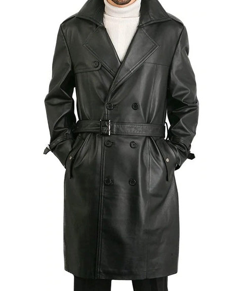 Black Leather Trench Vintage Coat For Men