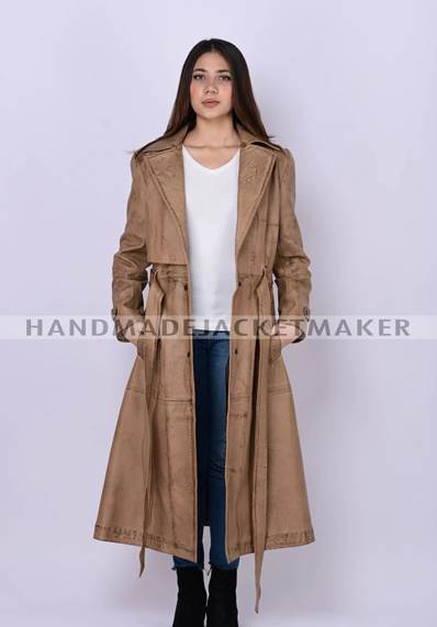 Leather Trench Coat For Women Distressed Tan