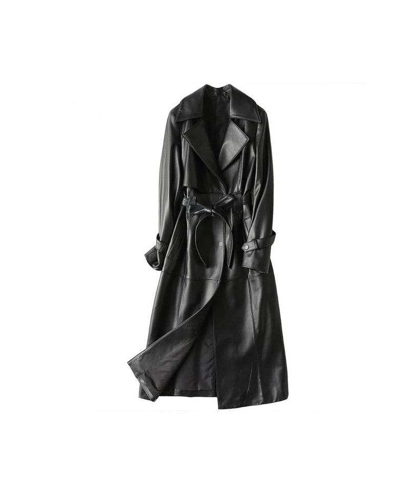 Women Black Leather Trench Coat