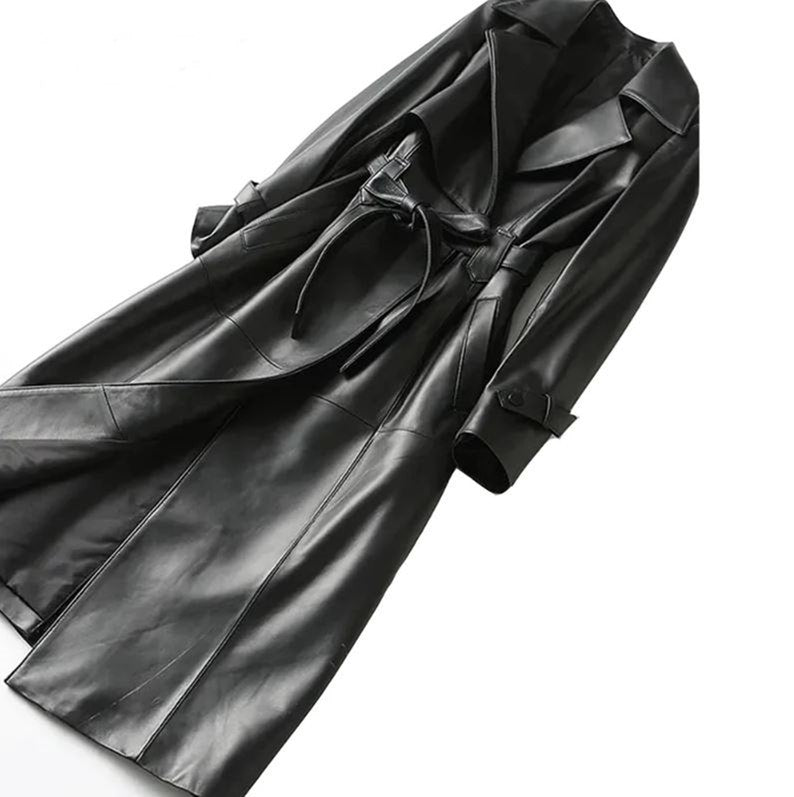 Women Black Leather Trench Coat