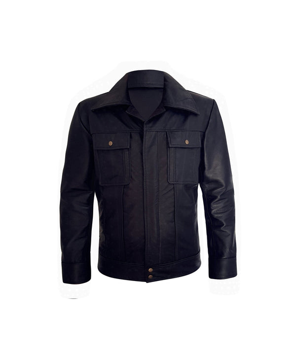 Mens Black Basic Two Pocket Leather Jacket