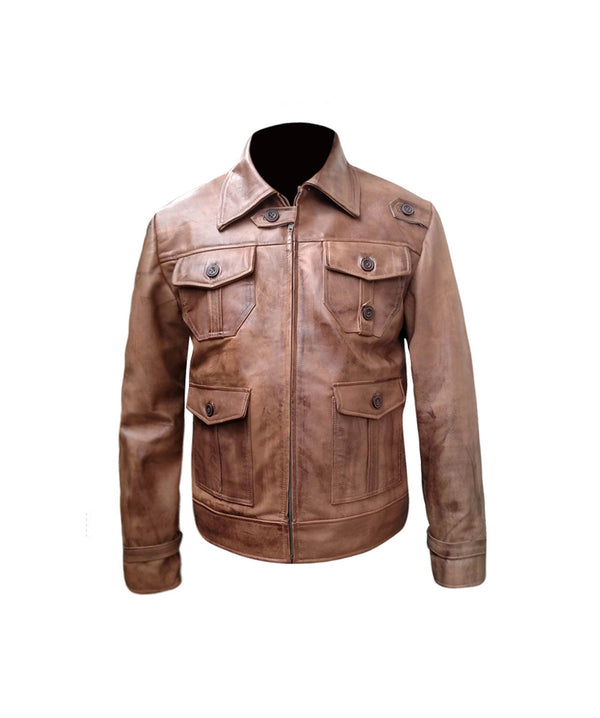 Mens Four Pocket Brown Waxed Leather Jacket