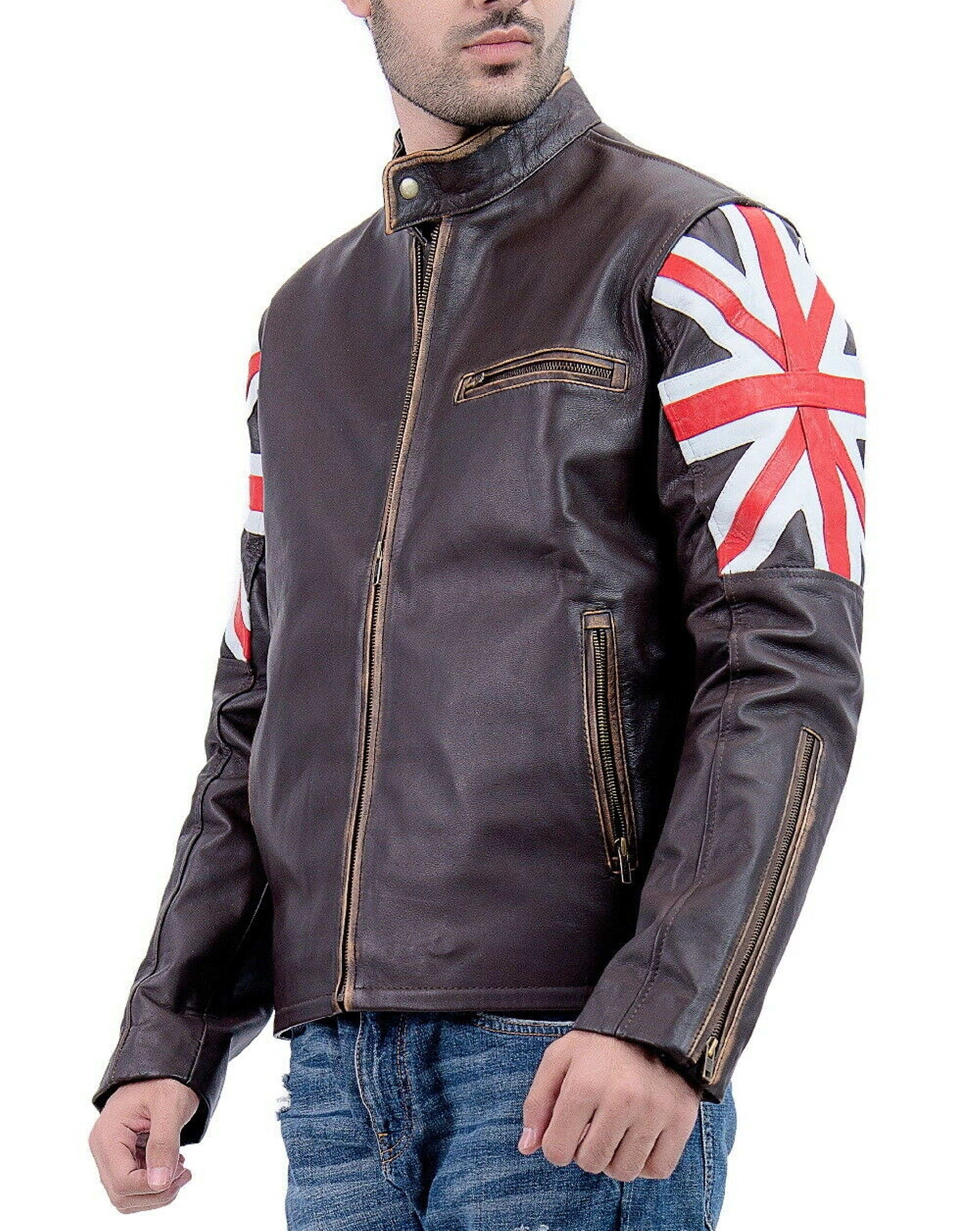 Mens Brown Union Jack Sheepskin Leather Jacket