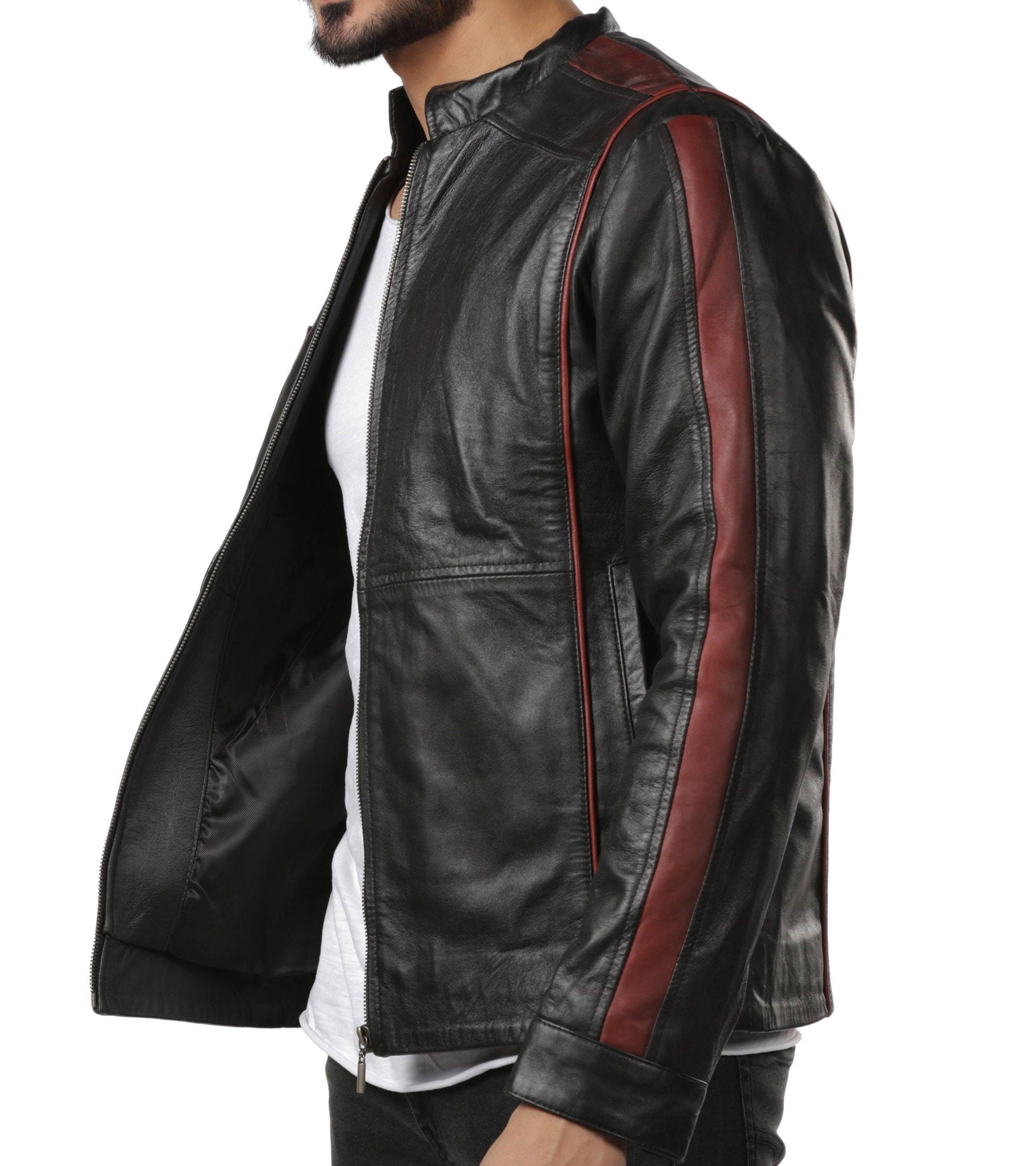 Men Genuine Red Stripe Leather Jacket
