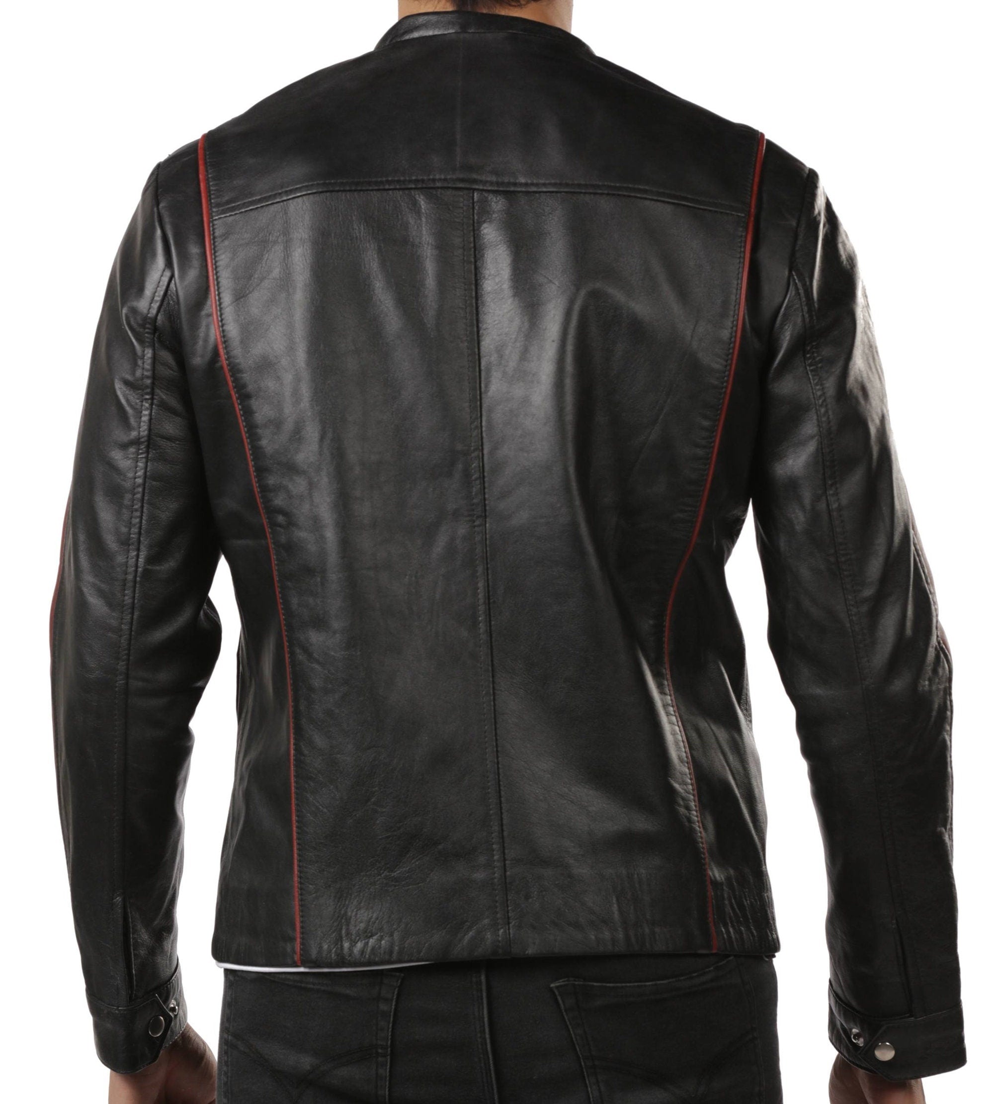 Men Genuine Red Stripe Leather Jacket