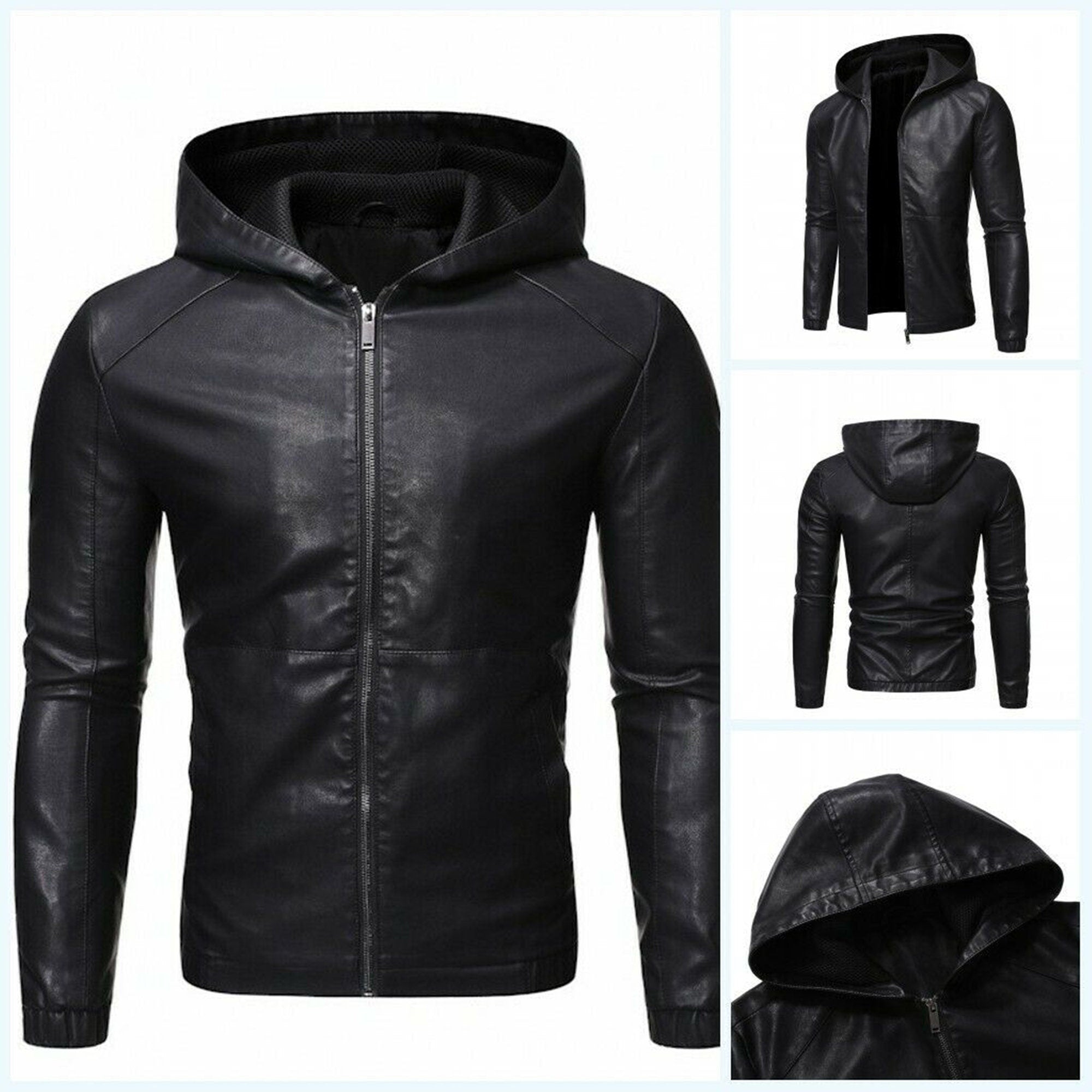 Mens Genuine Black  Sheepskin Leather Hoodie