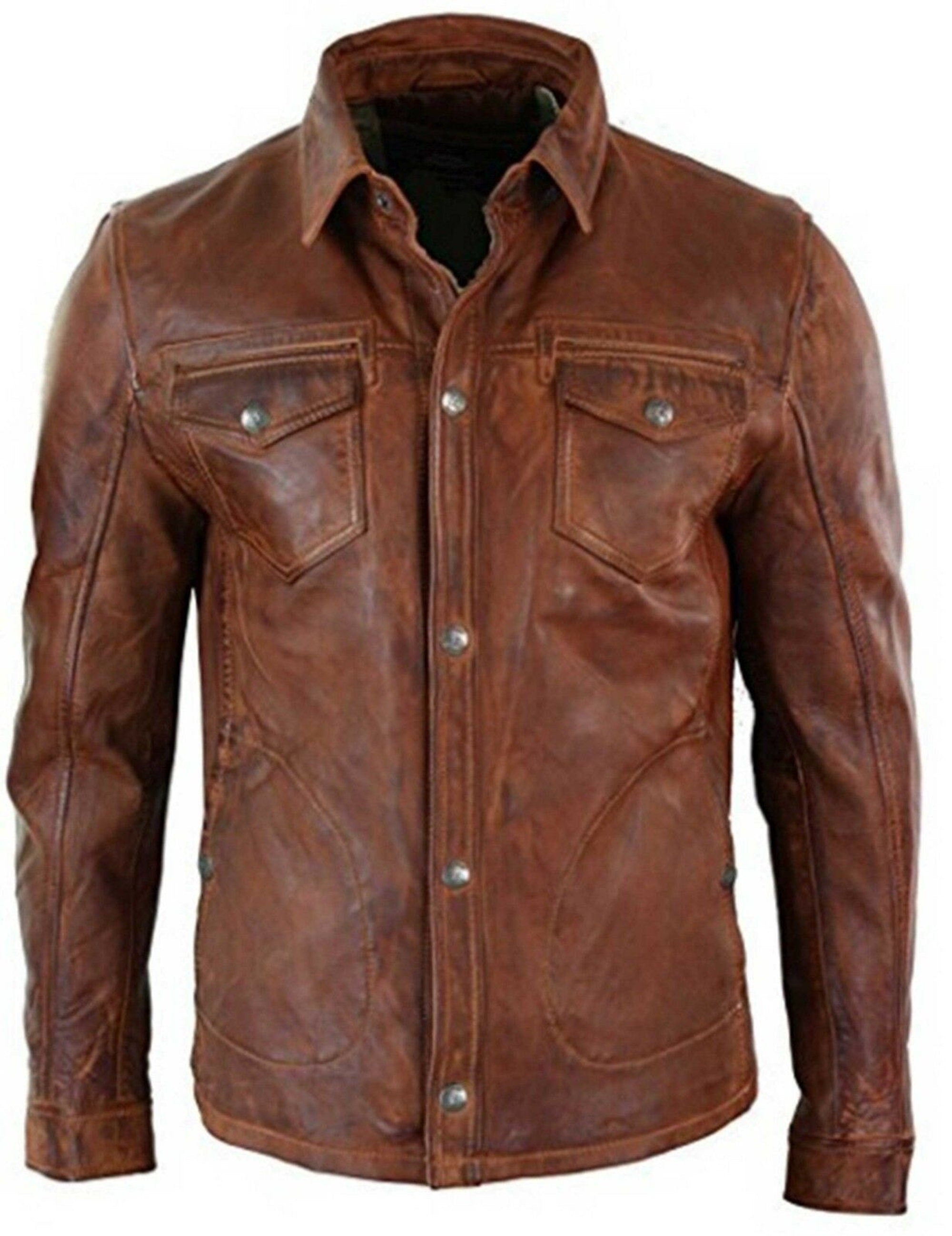 Mens Real Wax Brown Leather Shirt