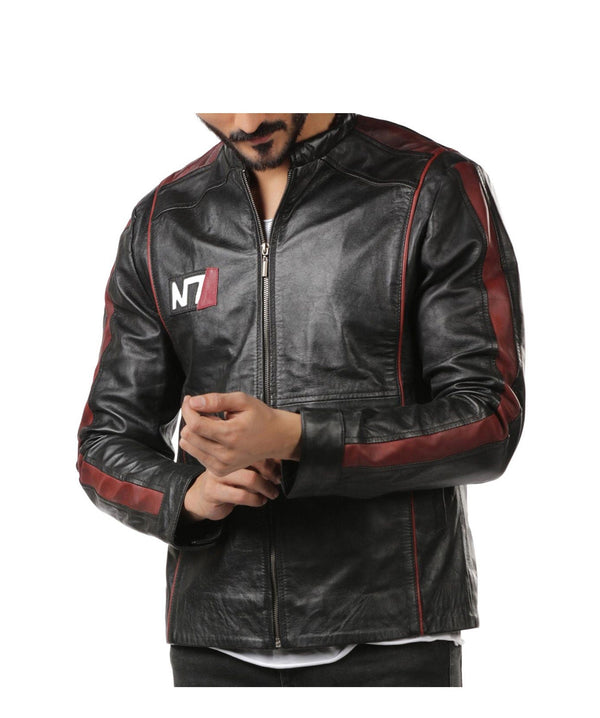 Men Genuine Red Stripe Leather Jacket