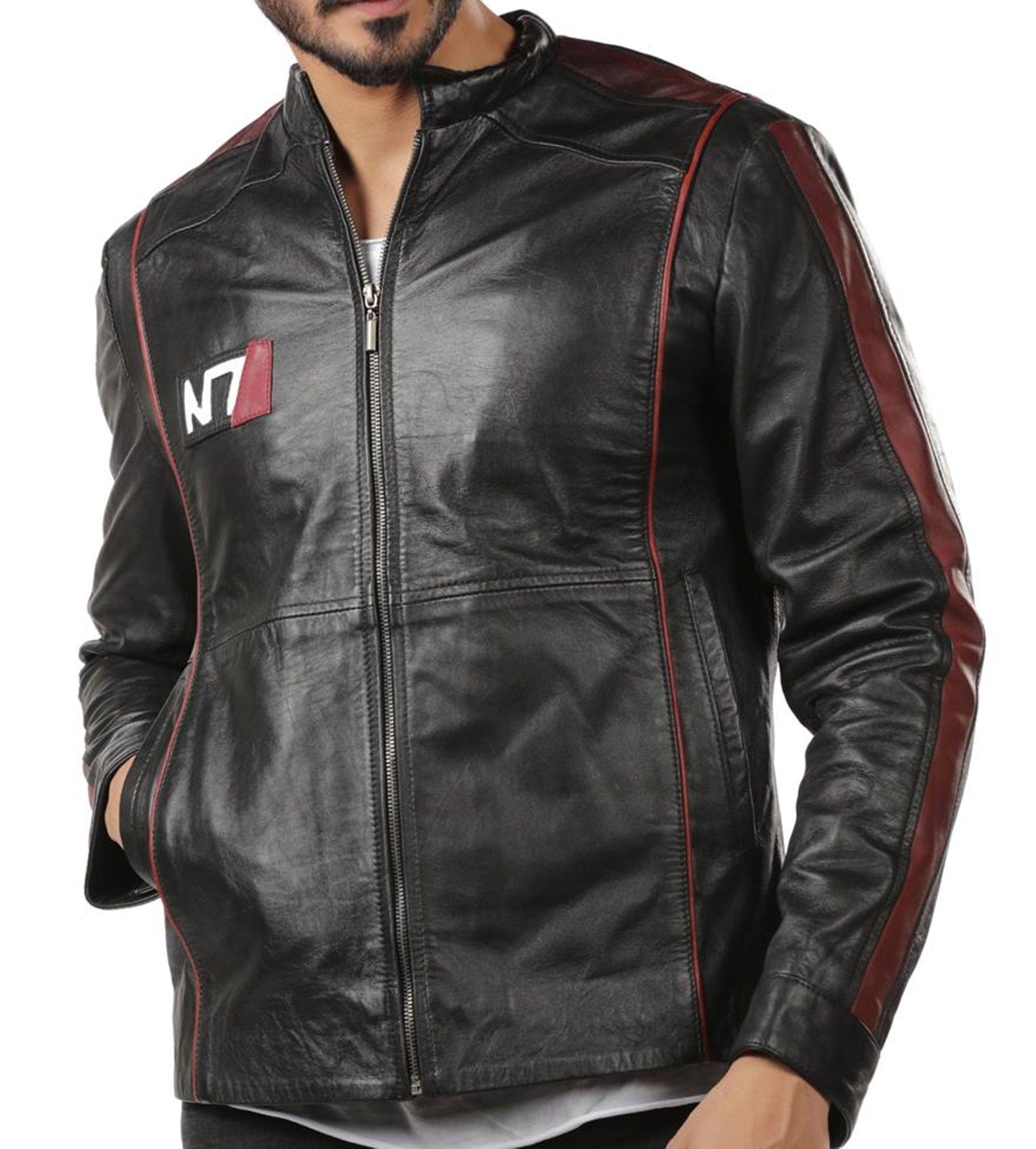 Men Genuine Red Stripe Leather Jacket