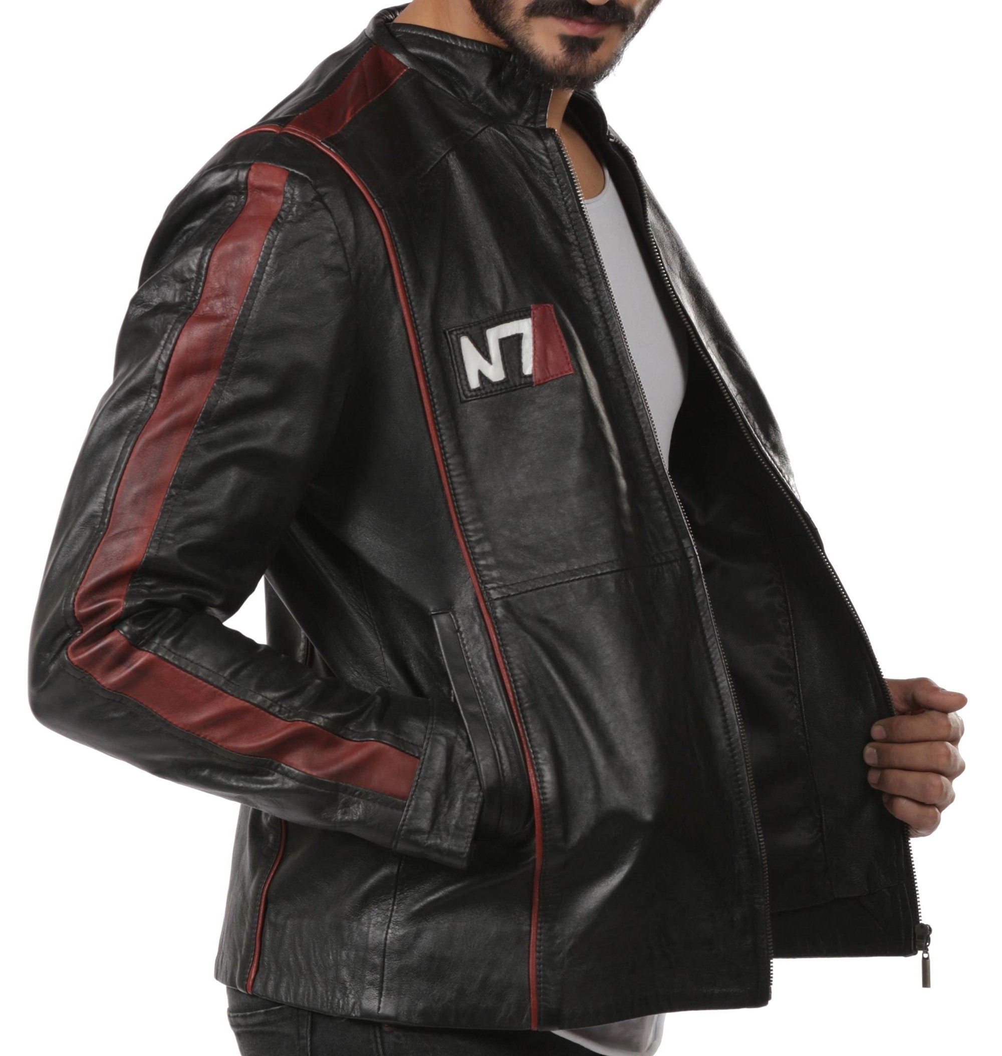 Men Genuine Red Stripe Leather Jacket