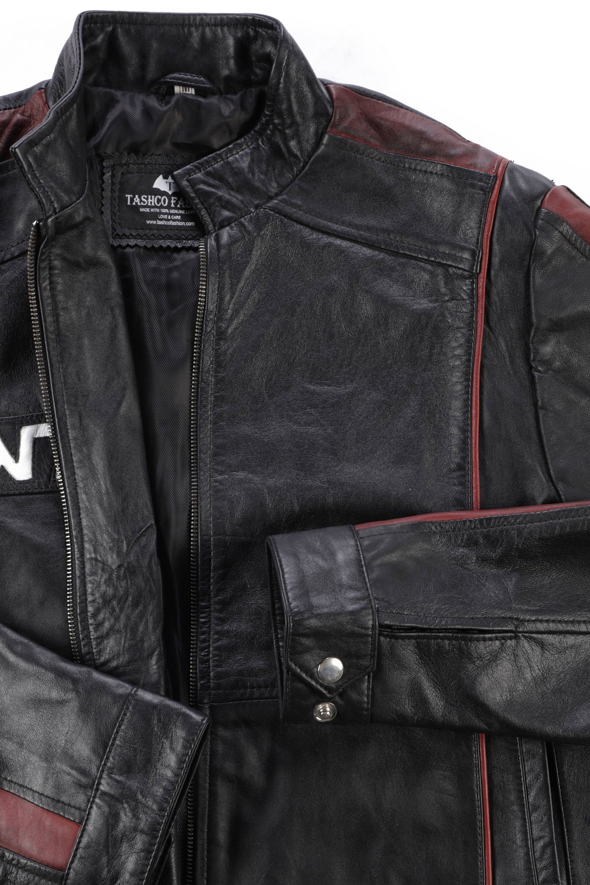 Men Genuine Red Stripe Leather Jacket