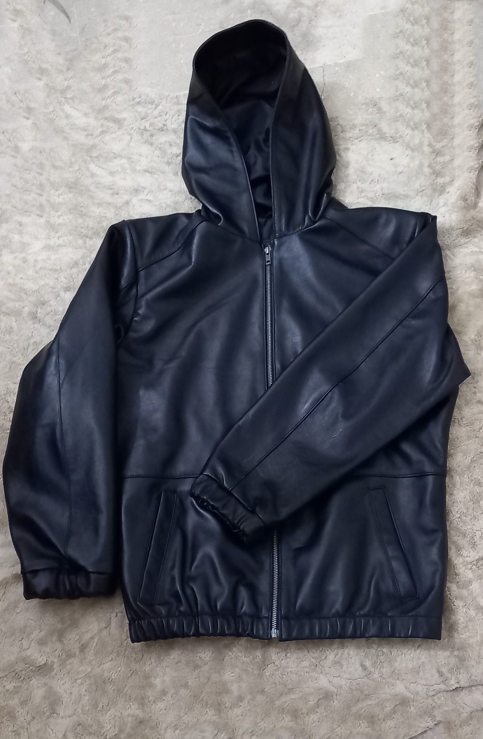 Mens Genuine Black  Sheepskin Leather Hoodie