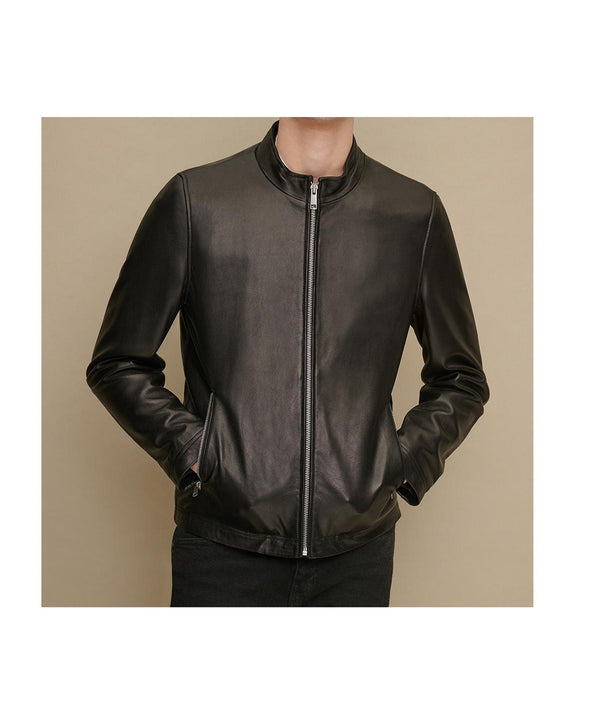 Men Black Biker Sheepskin Leather Jacket