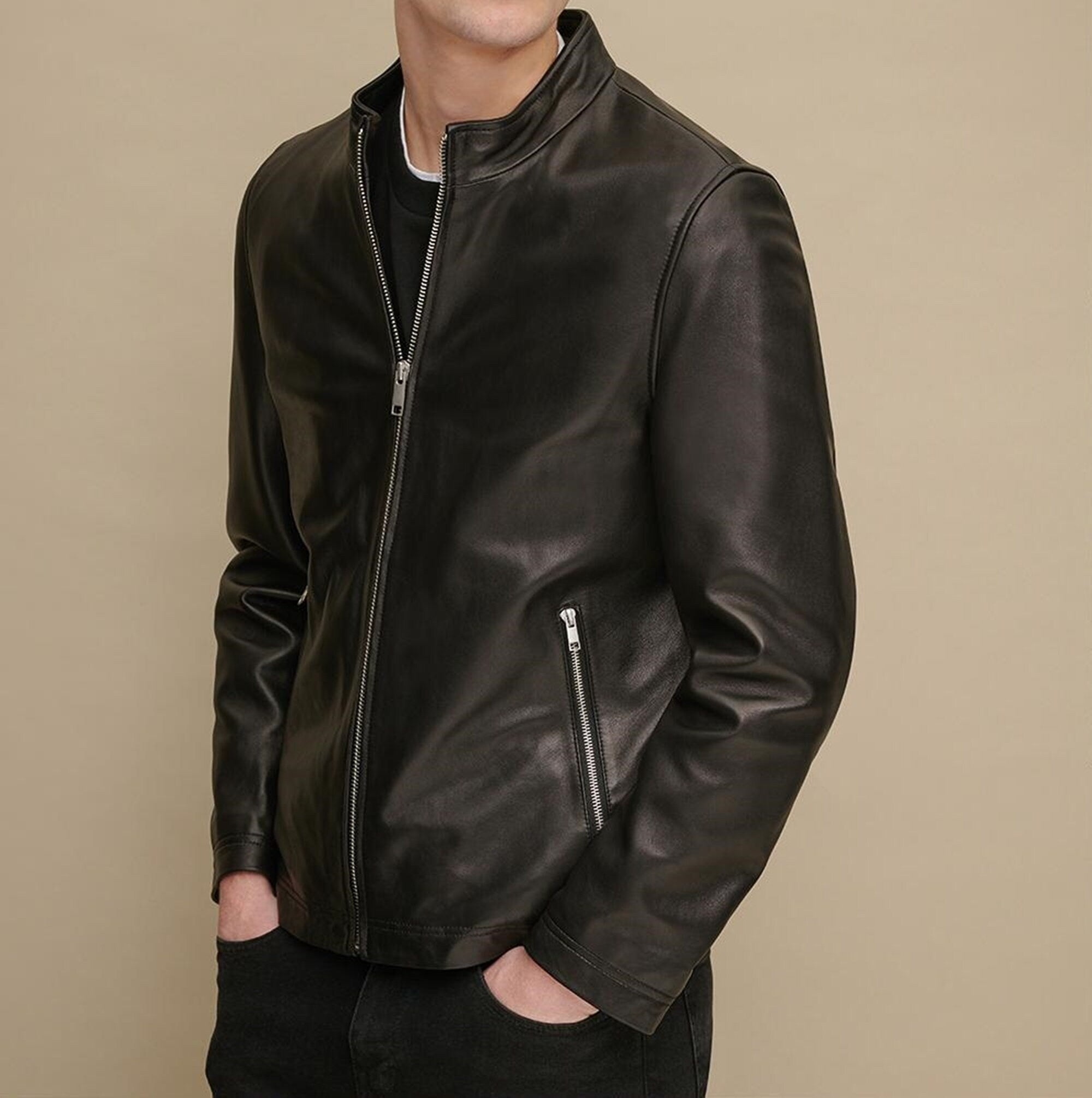 Men Black Biker Sheepskin Leather Jacket