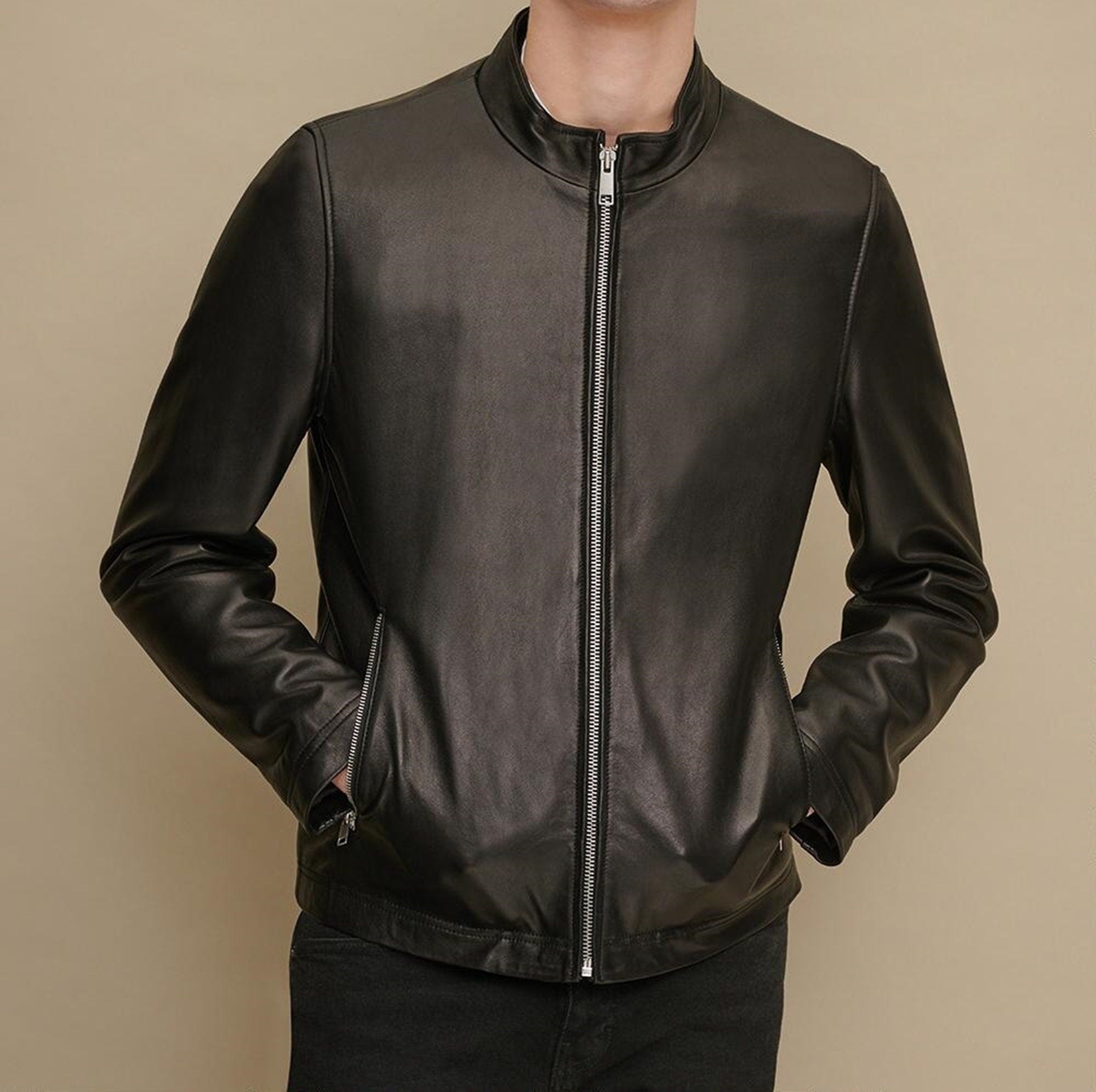 Men Black Biker Sheepskin Leather Jacket