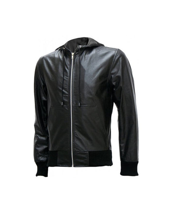 Men's Genuine Black Hoodie  Leather Jacket