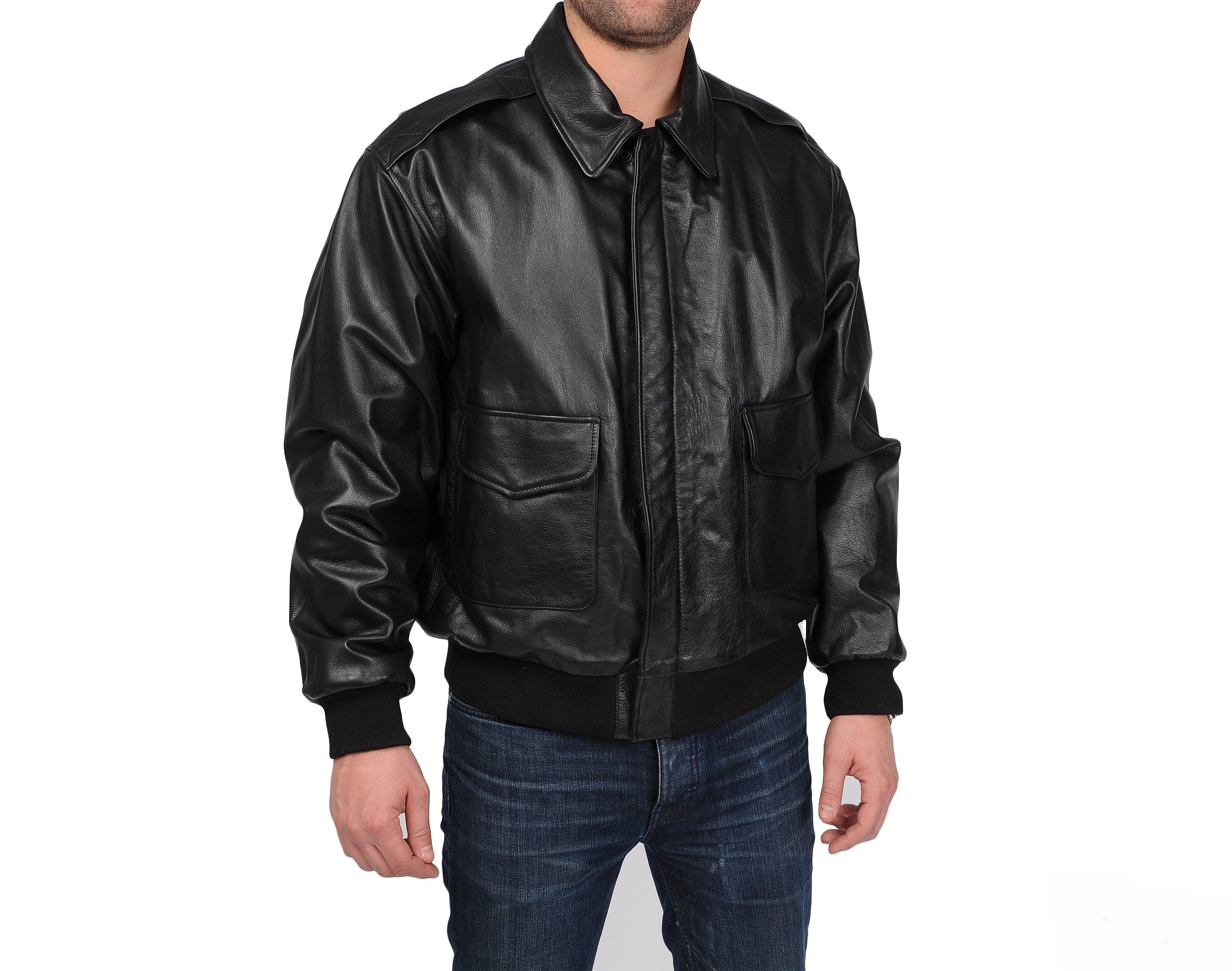 Men Black Bomber Sheep Skin Leather Jacket