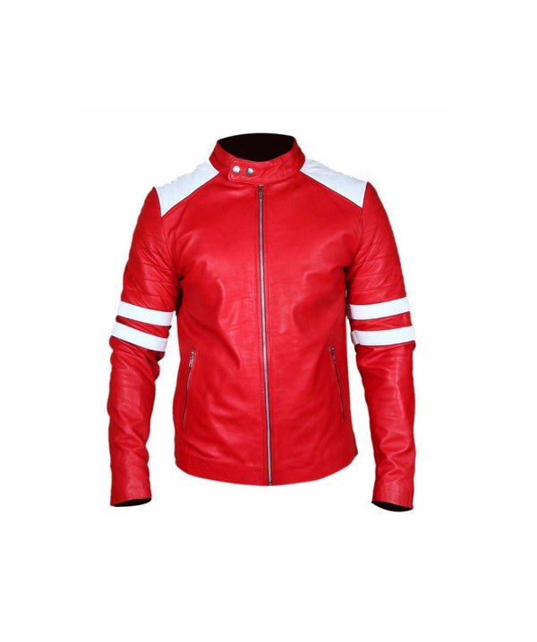 Men Red and White Stripes Sheepskin Leather Jacket