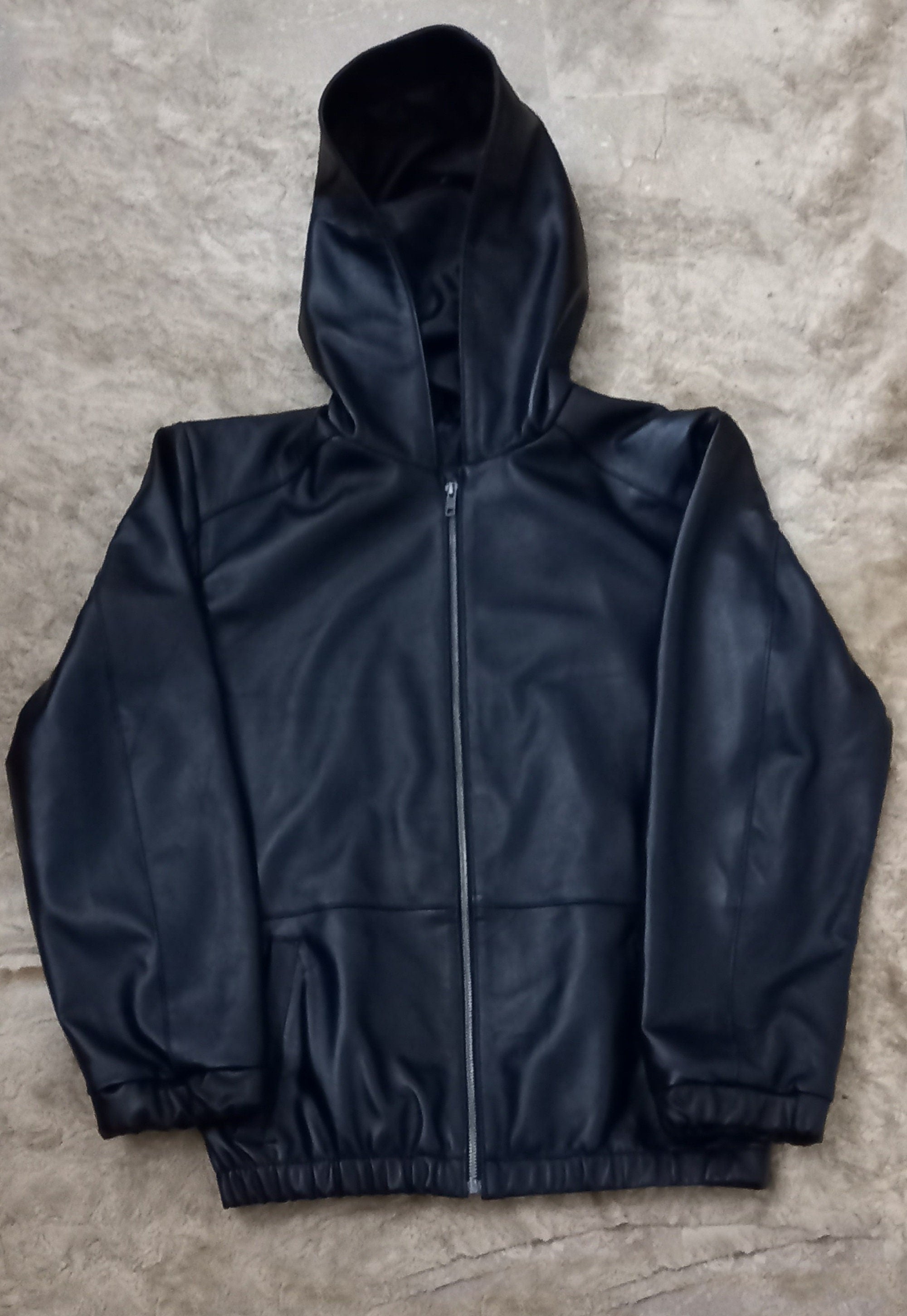 Mens Genuine Black  Sheepskin Leather Hoodie