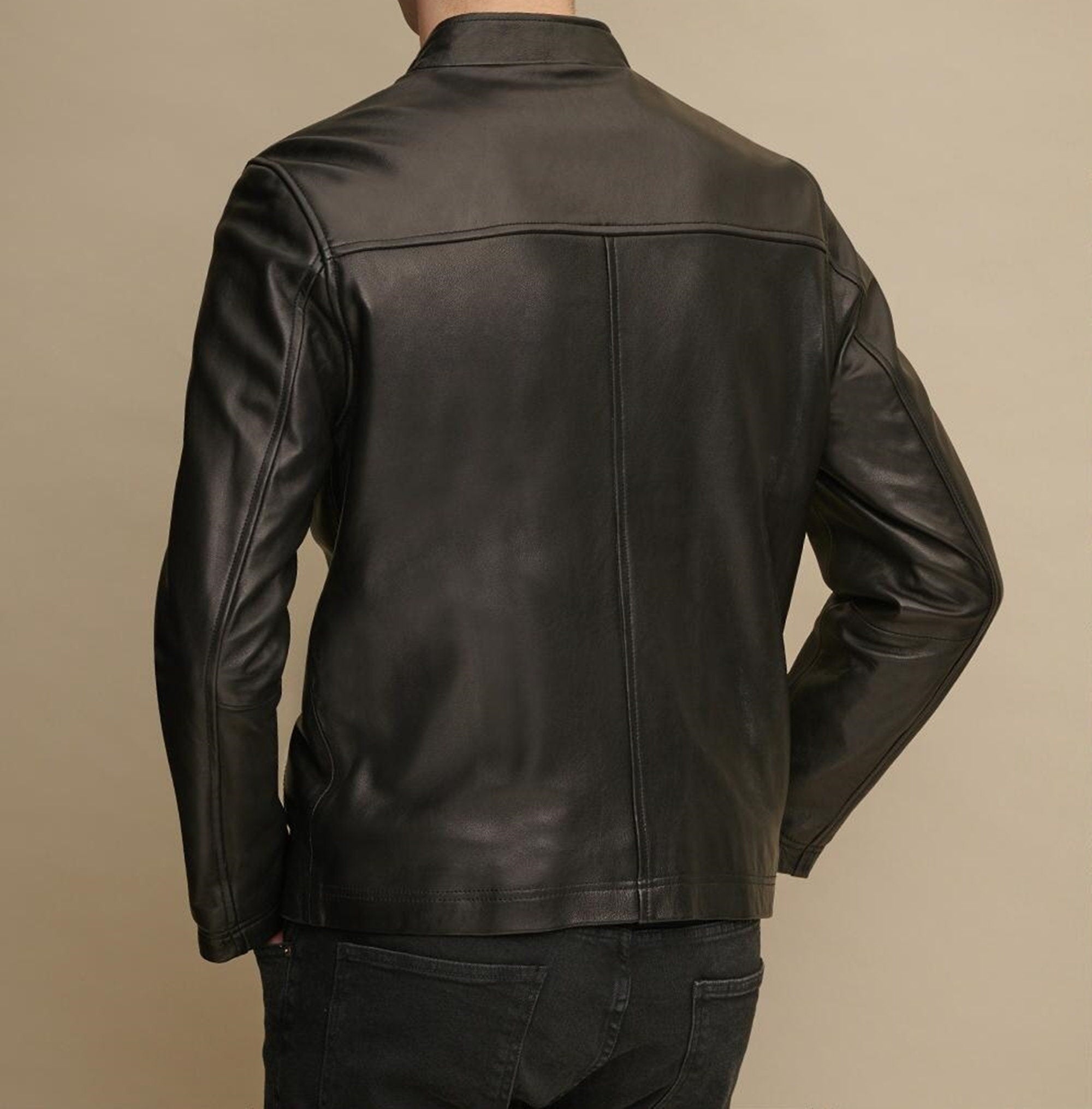 Men Black Biker Sheepskin Leather Jacket