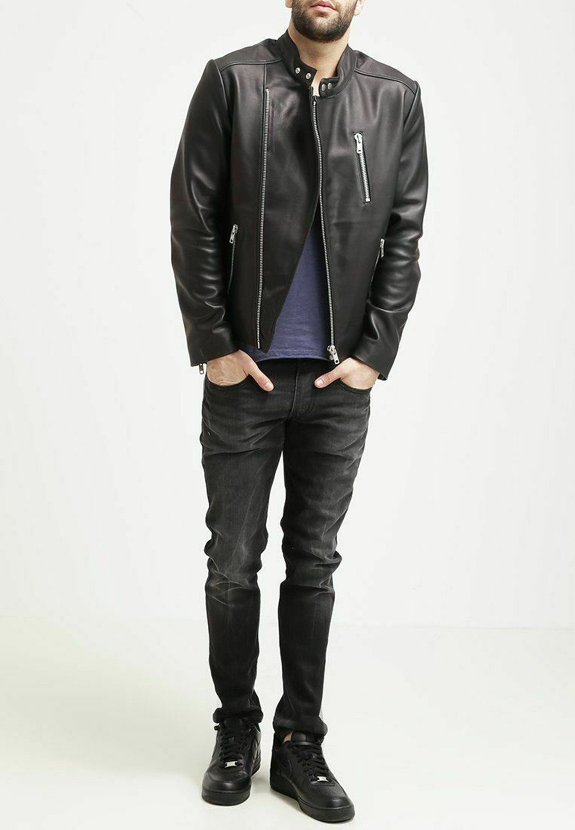 Men's Black Leather Sheepskin Biker Jacket