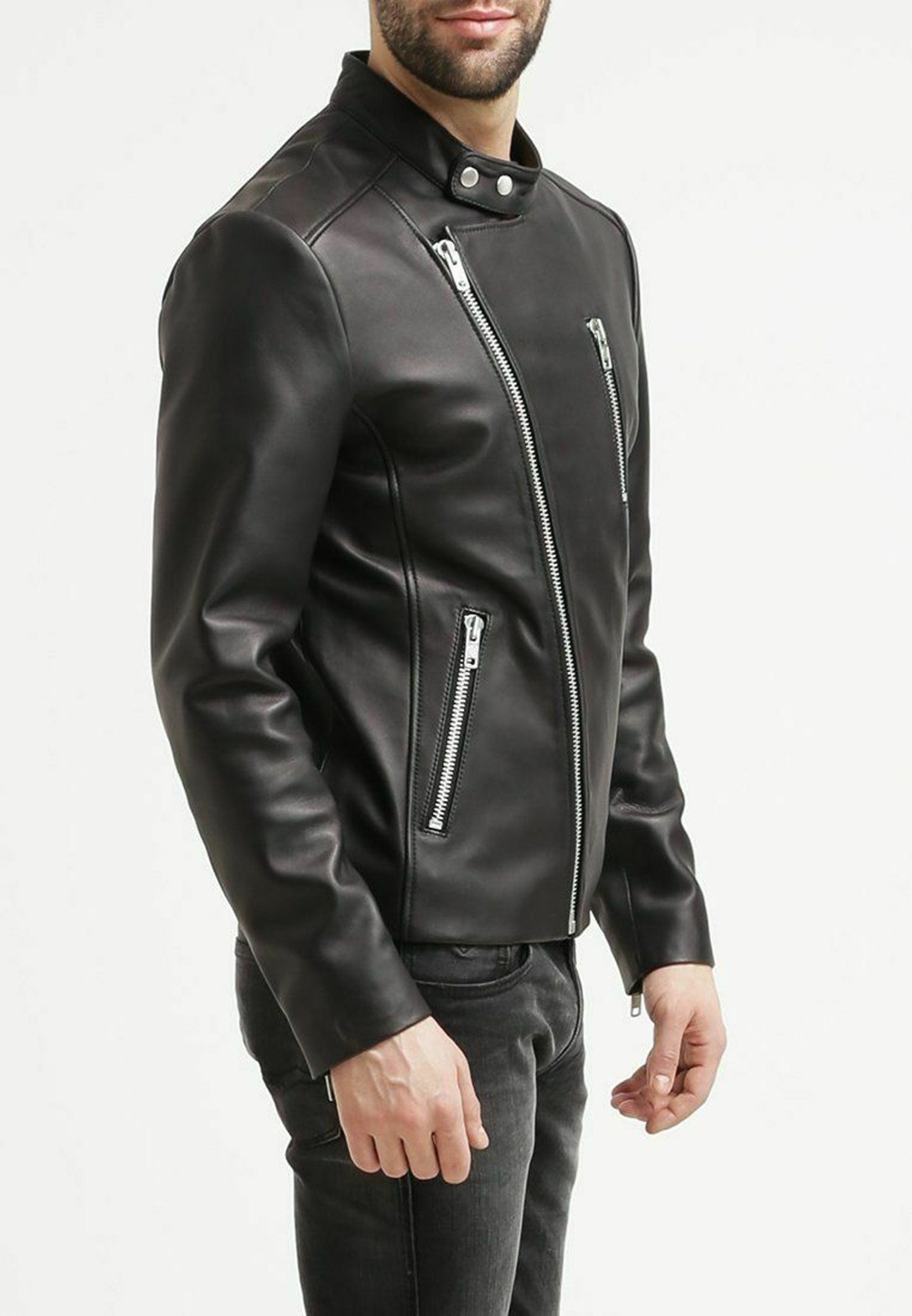 Men's Black Leather Sheepskin Biker Jacket