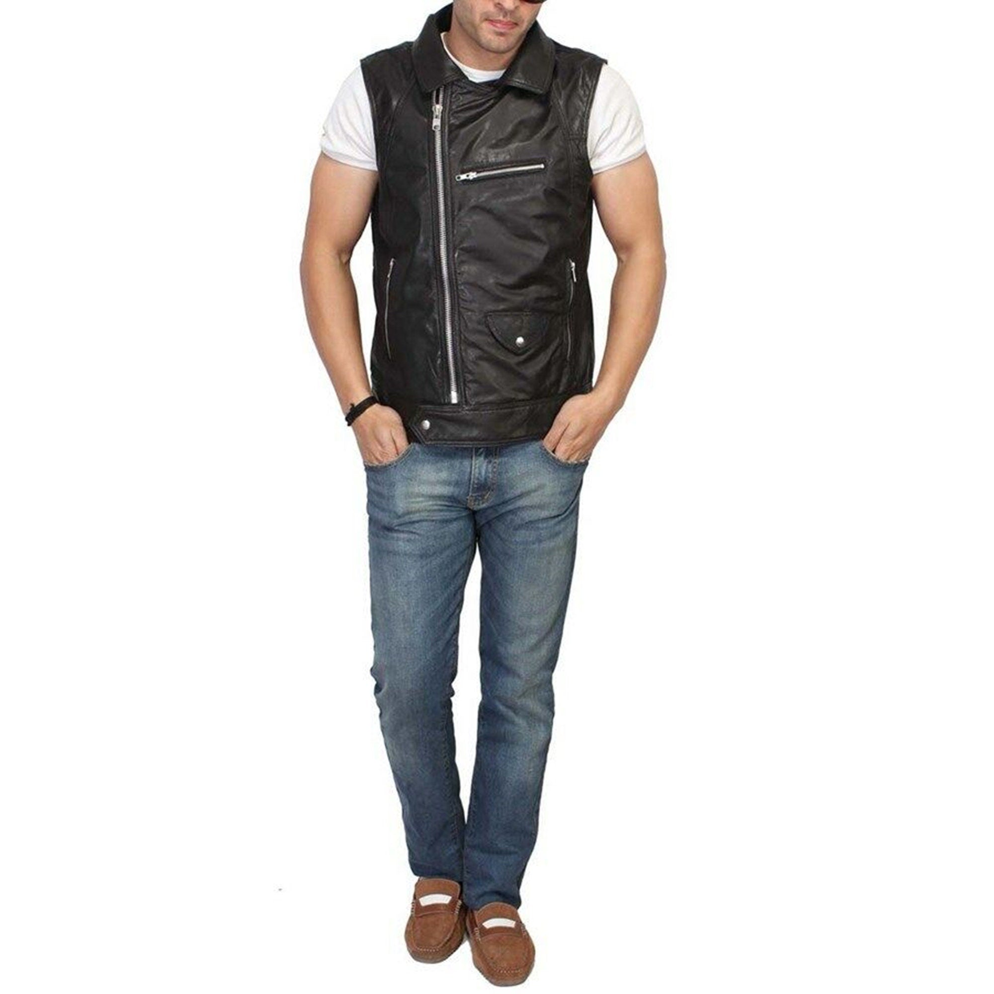 Men's Black Biker Genuine Sheepskin Leather Vest
