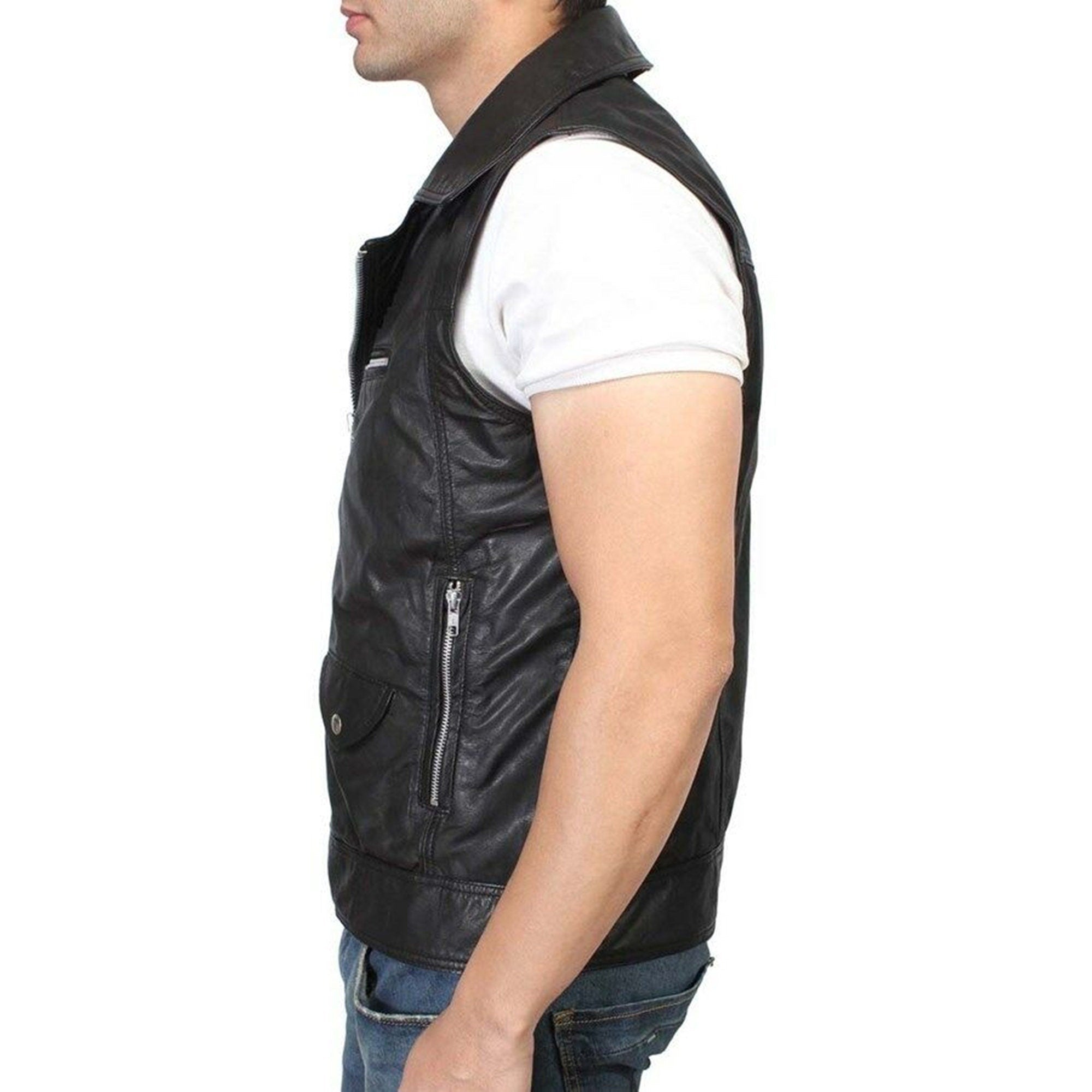 Men's Black Biker Genuine Sheepskin Leather Vest