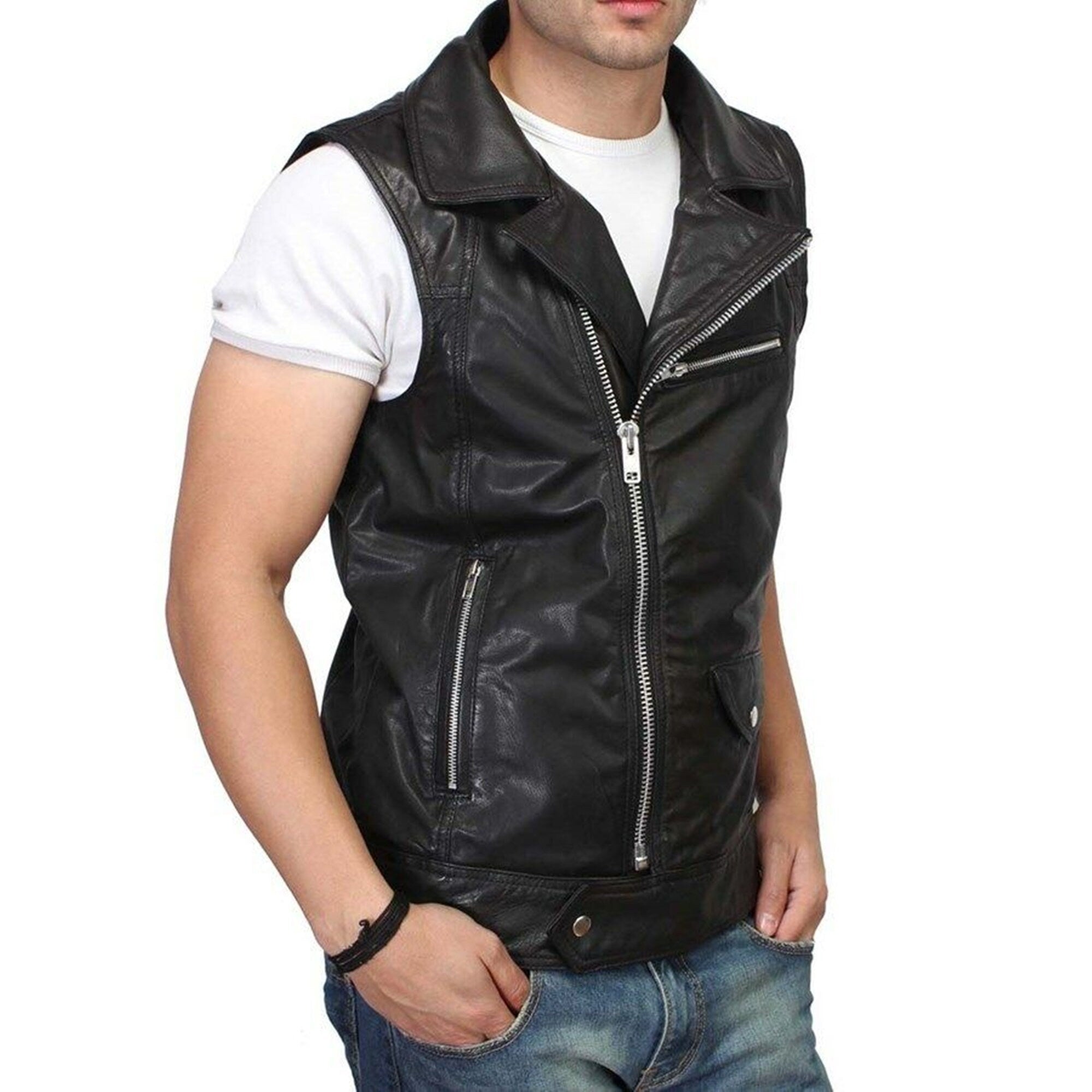 Men's Black Biker Genuine Sheepskin Leather Vest