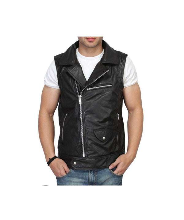 Men's Black Biker Genuine Sheepskin Leather Vest
