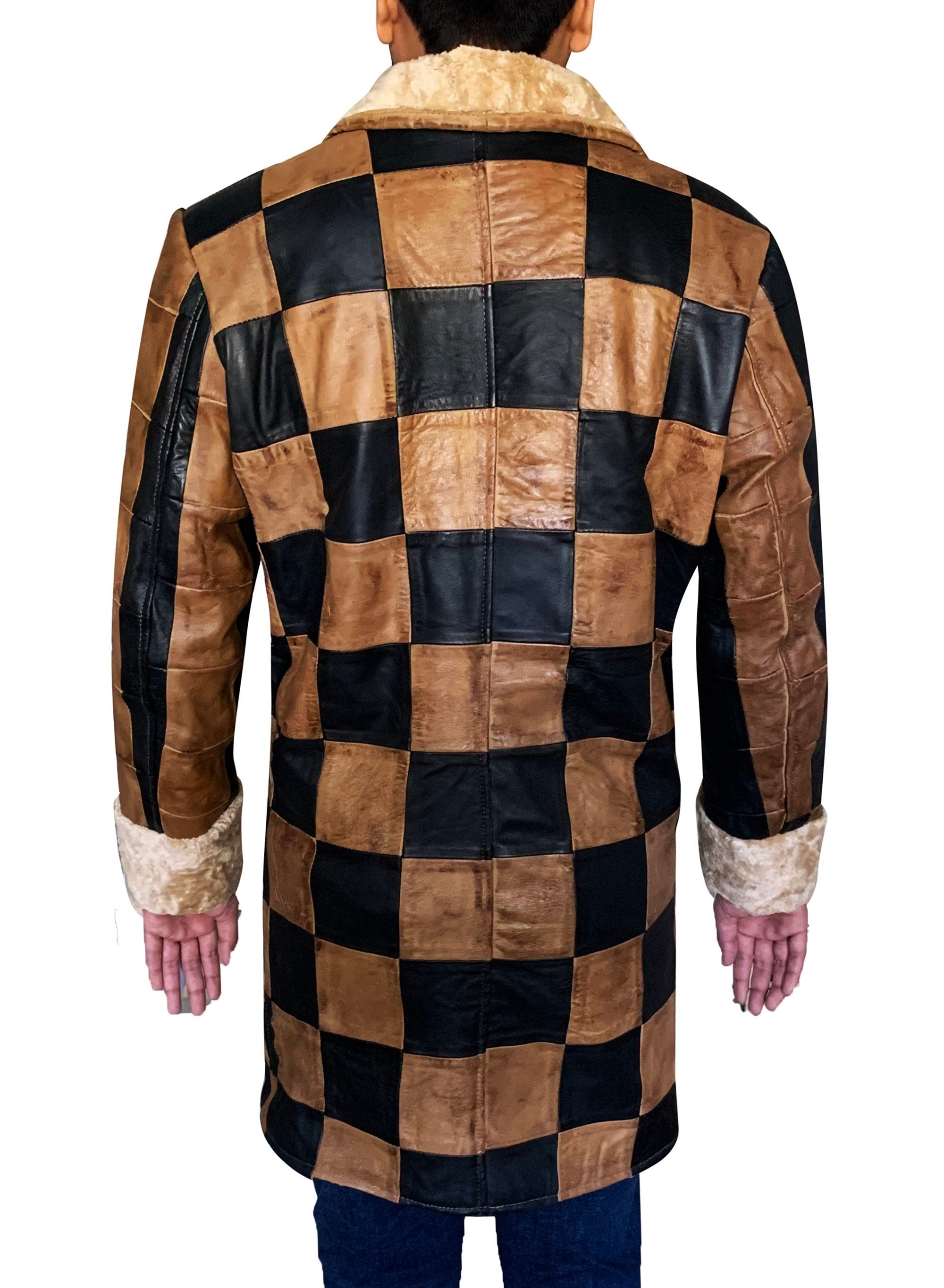 Handmade Leather Shearling Chase Pattern Three Quarter  Coat