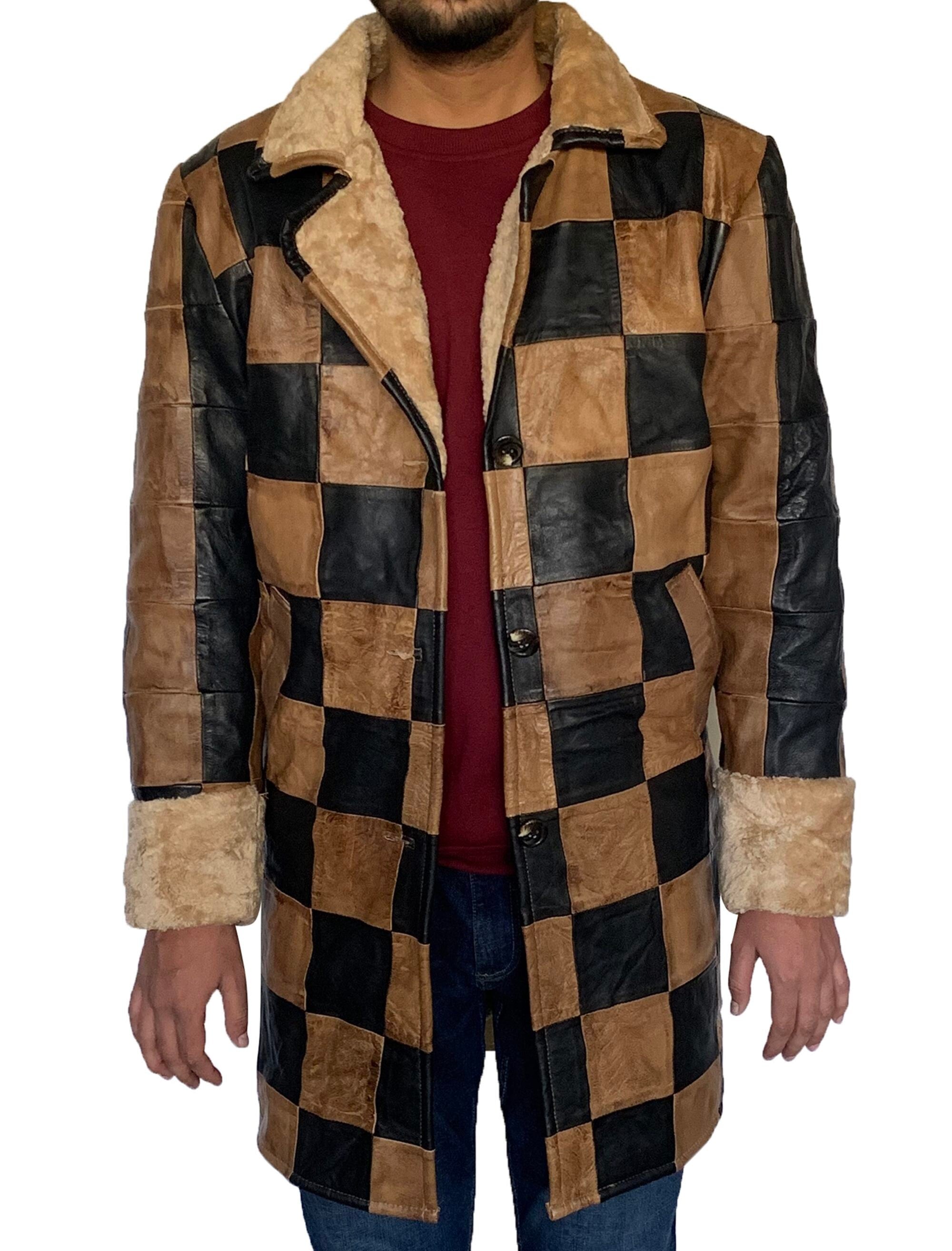 Handmade Leather Shearling Chase Pattern Three Quarter  Coat