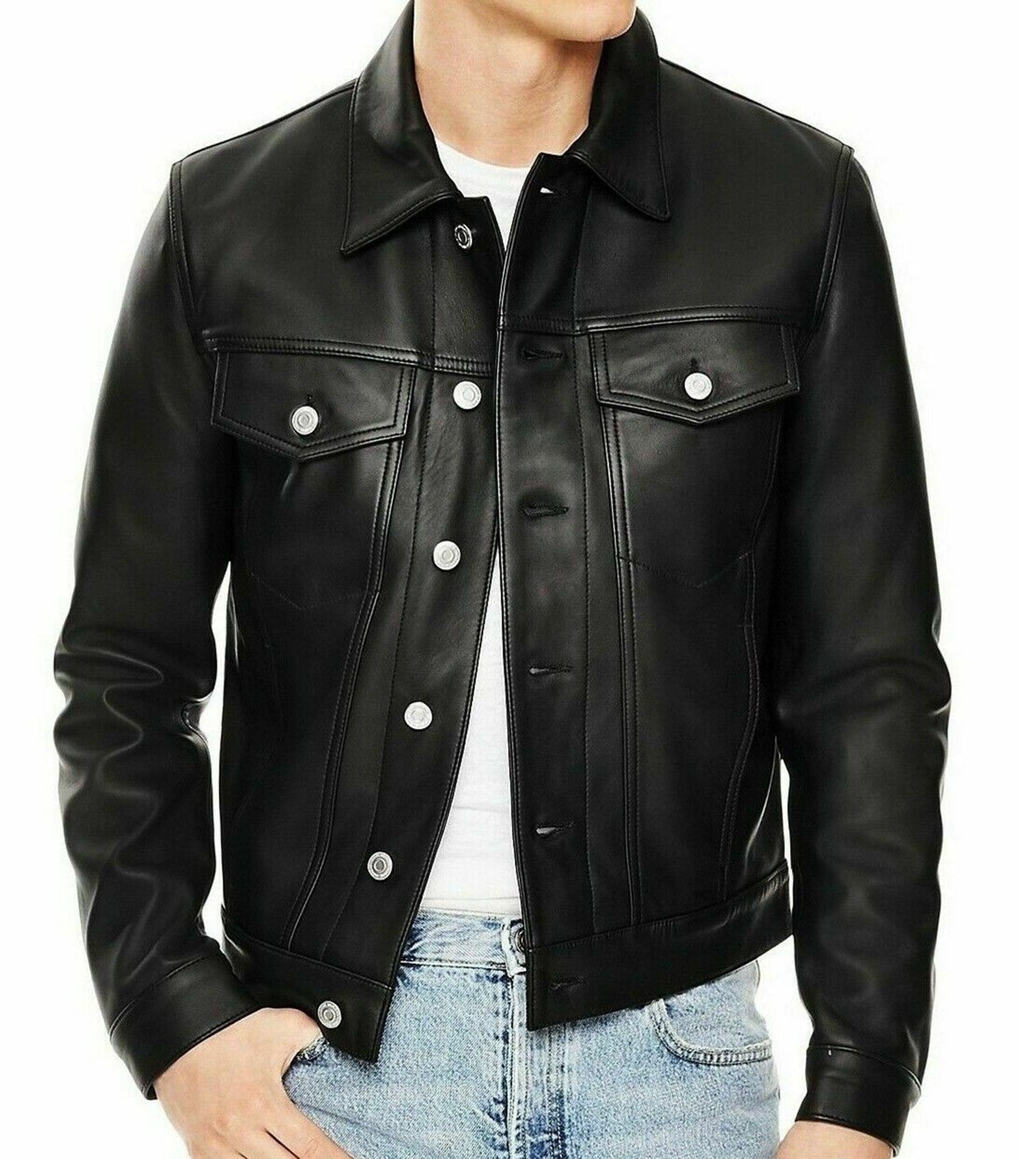 Men's Genuine Sheepskin Leather Shirt Black