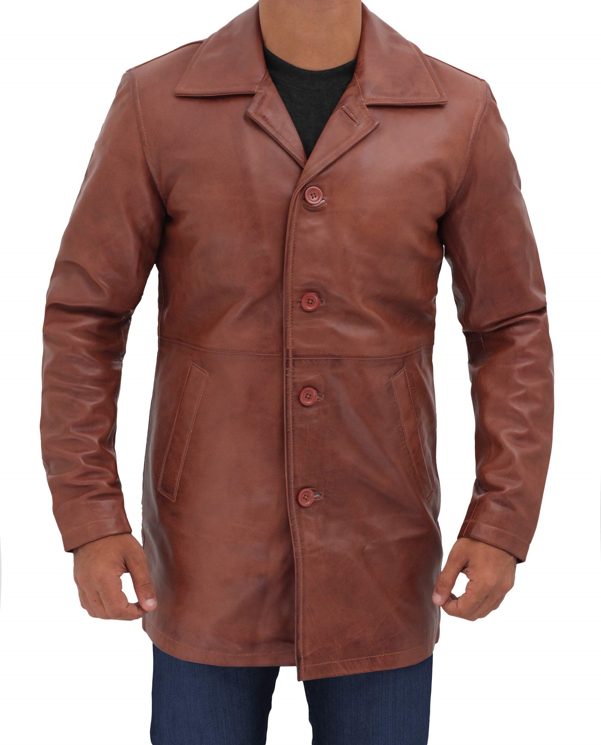 Men's Three Quarter Tan Leather Coat