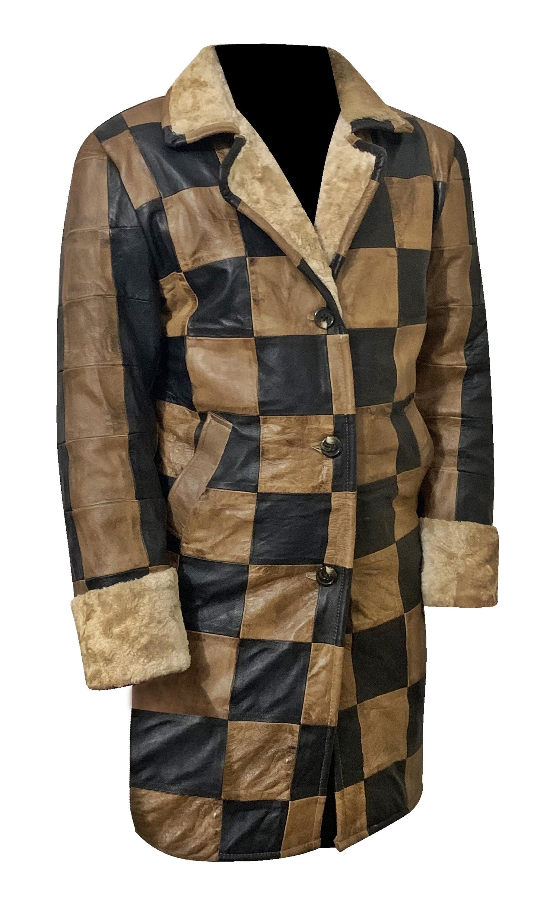 Handmade Leather Shearling Chase Pattern Three Quarter  Coat
