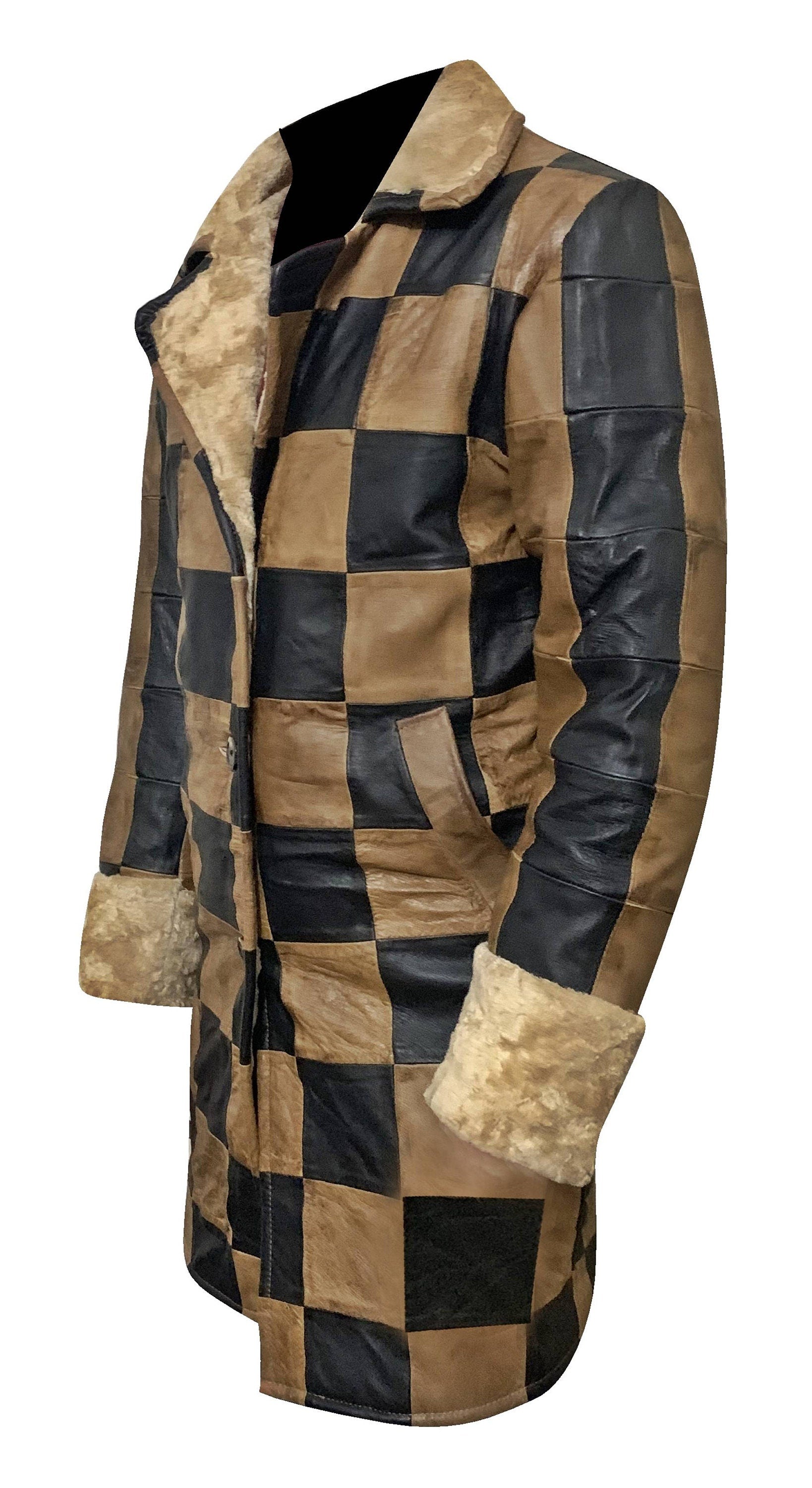 Handmade Leather Shearling Chase Pattern Three Quarter  Coat