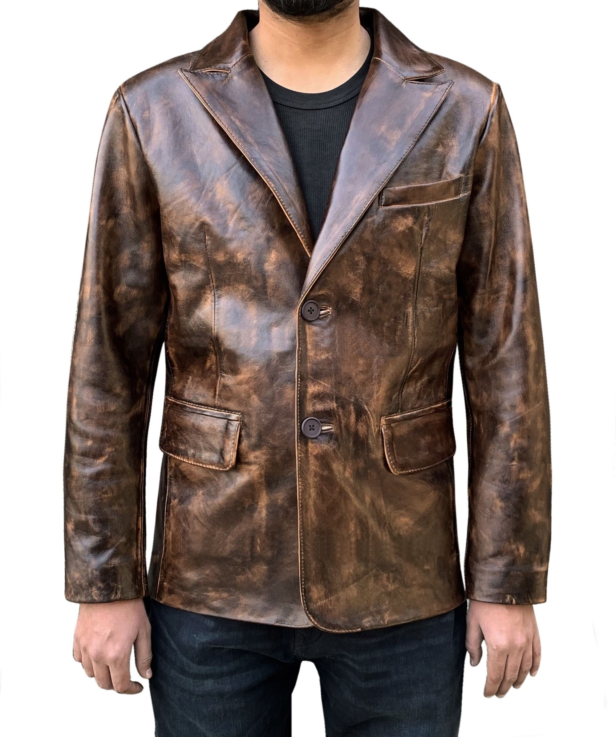 Men's Dark Wax Blazer Genuine Leather Coat