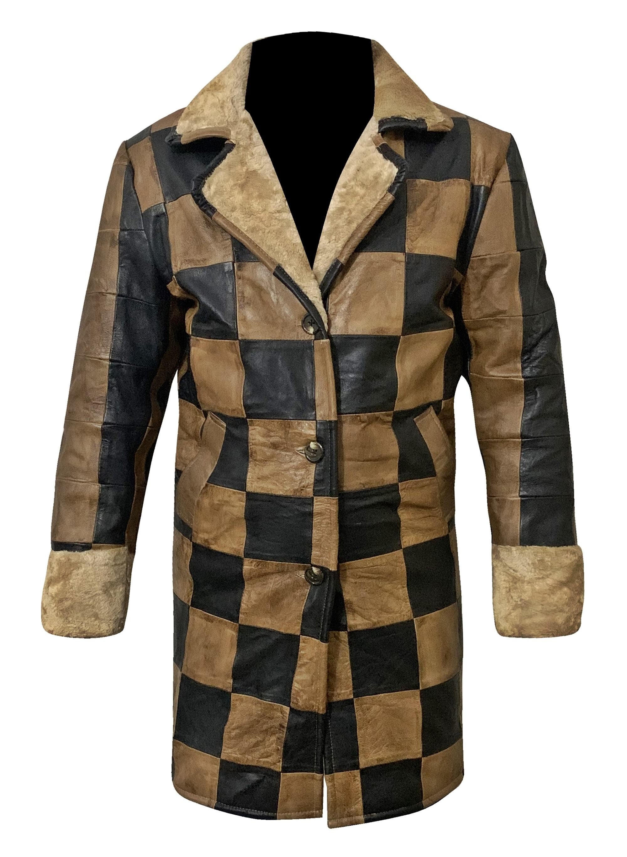 Handmade Leather Shearling Chase Pattern Three Quarter  Coat