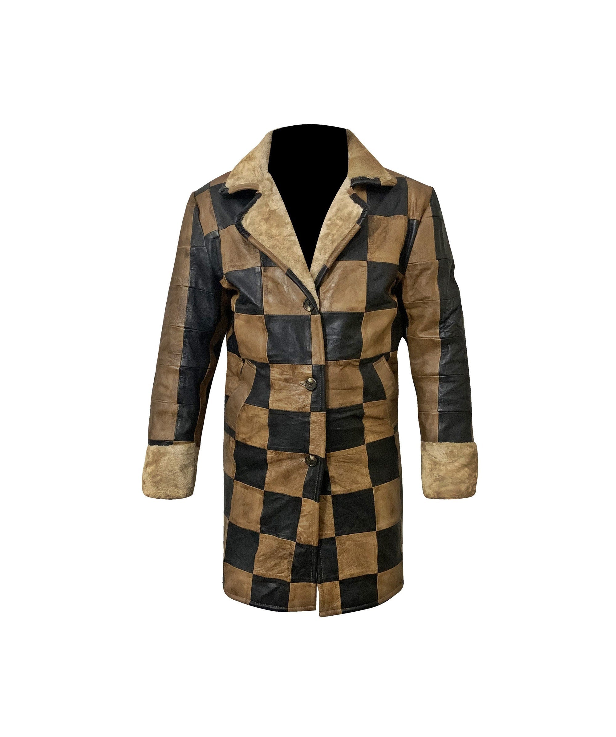 Handmade Leather Shearling Chase Pattern Three Quarter  Coat