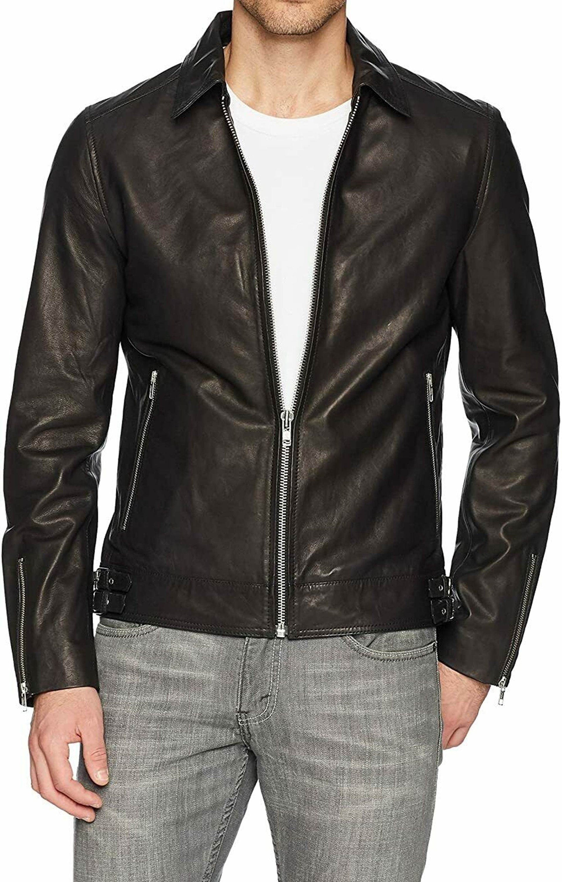 Men Black Biker Motorcycle Leather Jacket