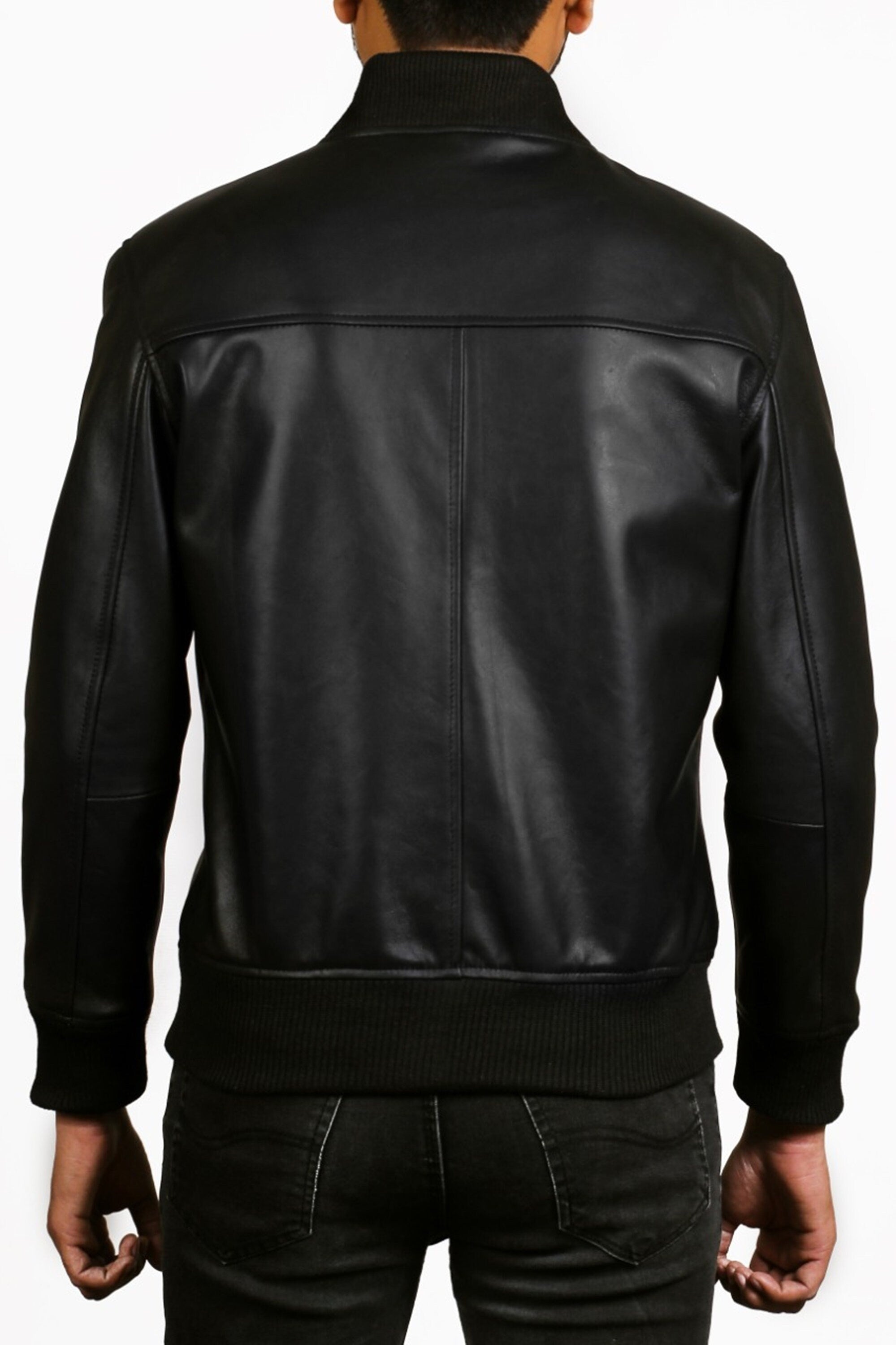 Mens Black Basic Biker Sheepskin Leather Jacket