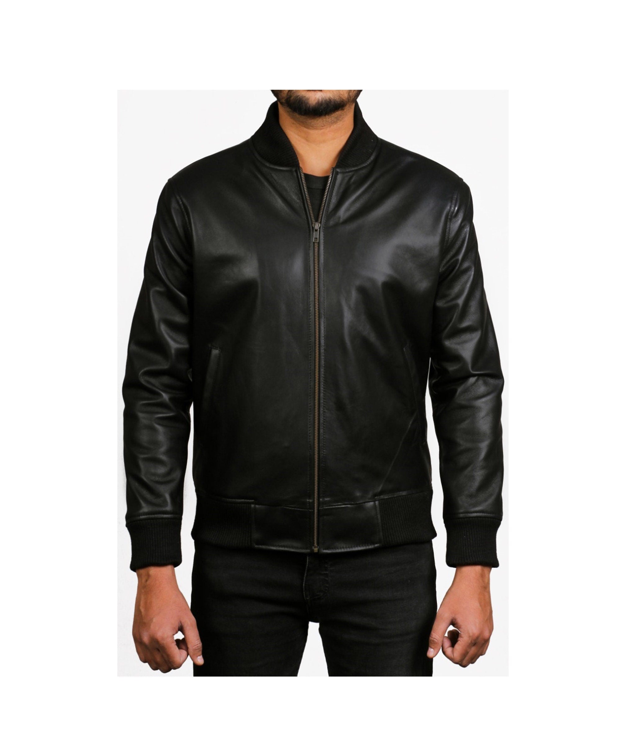 Mens Black Basic Biker Sheepskin Leather Jacket