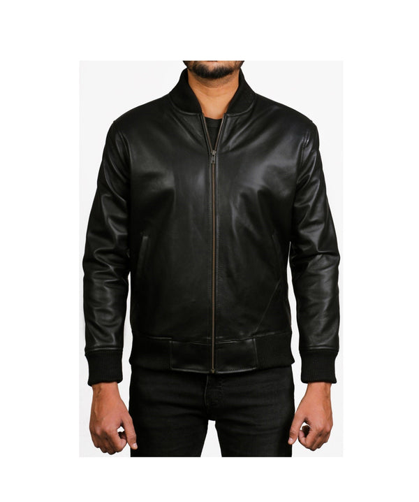 Mens Black Basic Biker Sheepskin Leather Jacket