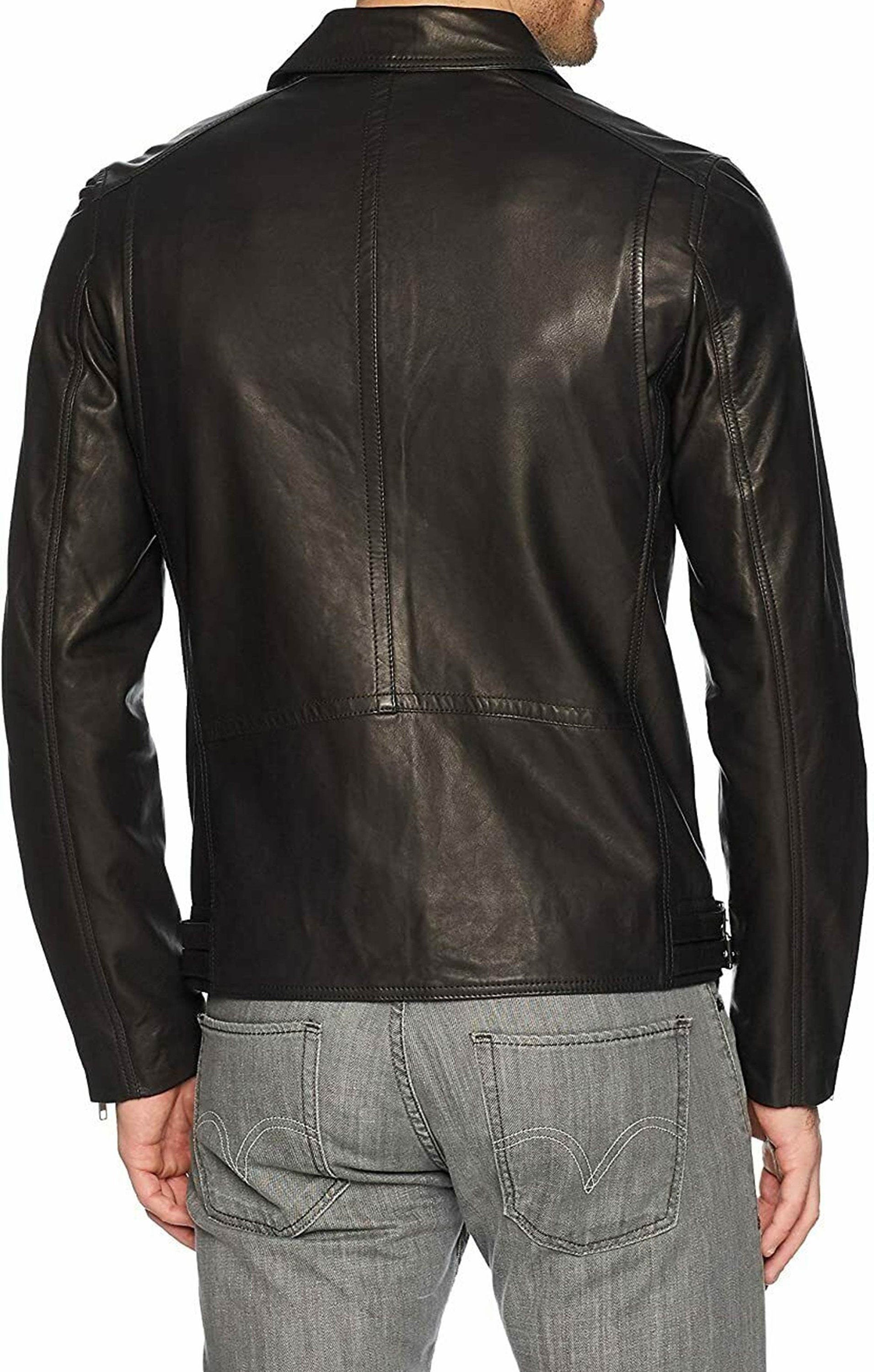 Men Black Biker Motorcycle Leather Jacket