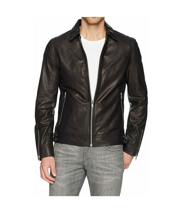 Men Black Biker Motorcycle Leather Jacket