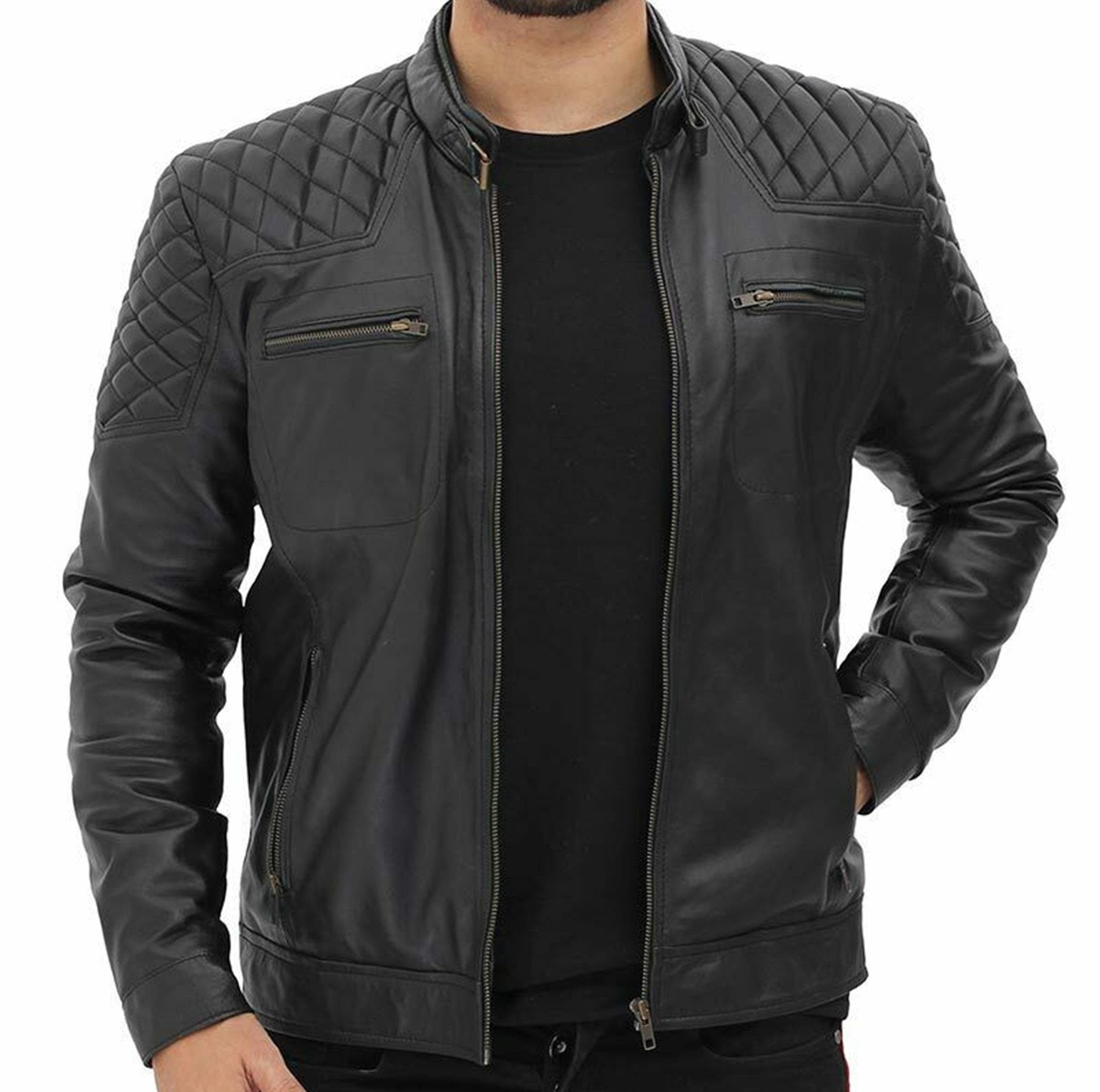 Men Genuine Black Biker Quilted Leather Jacket