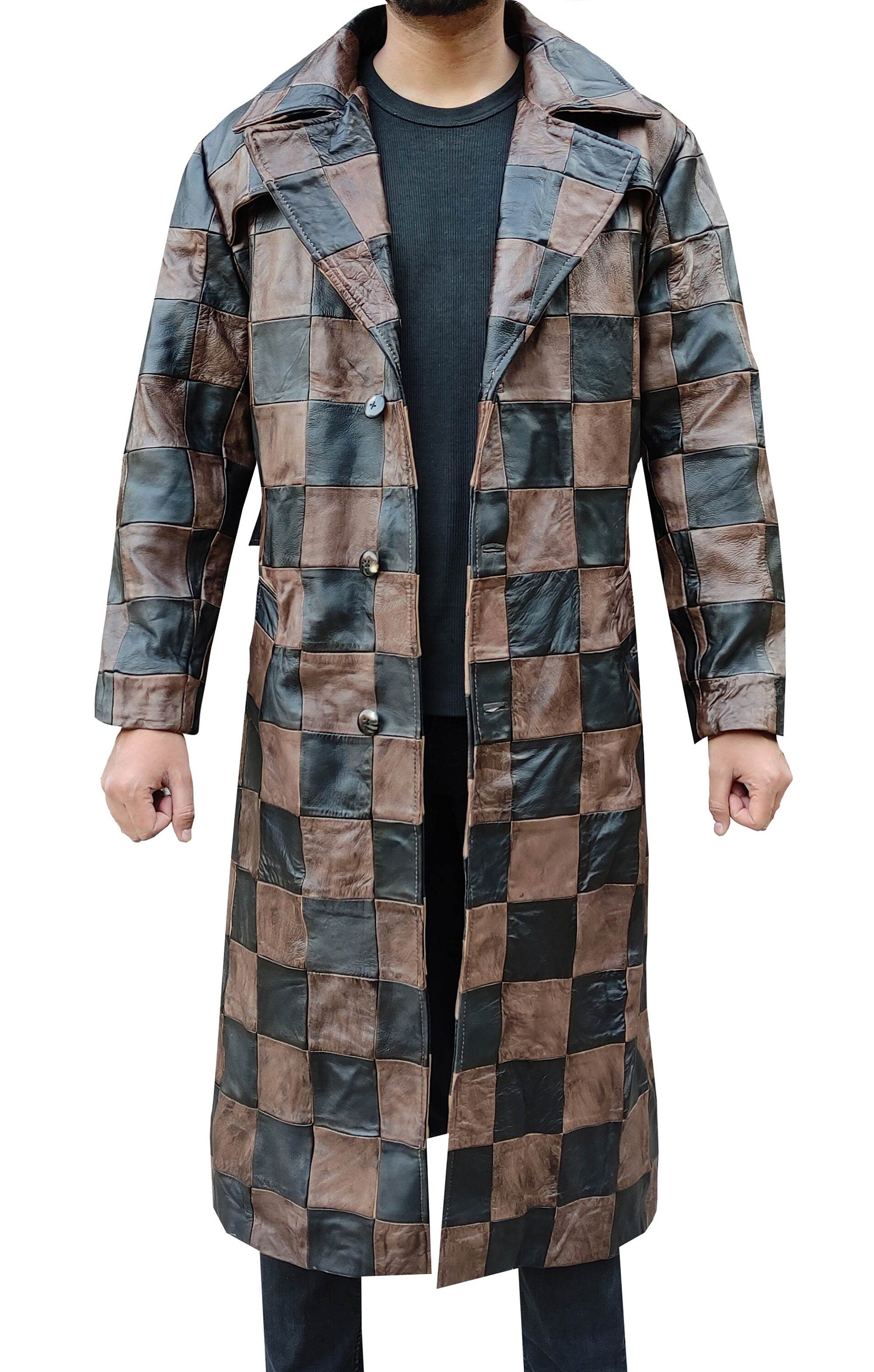 Handmade Leather Men Chase Pattern Trench Coat