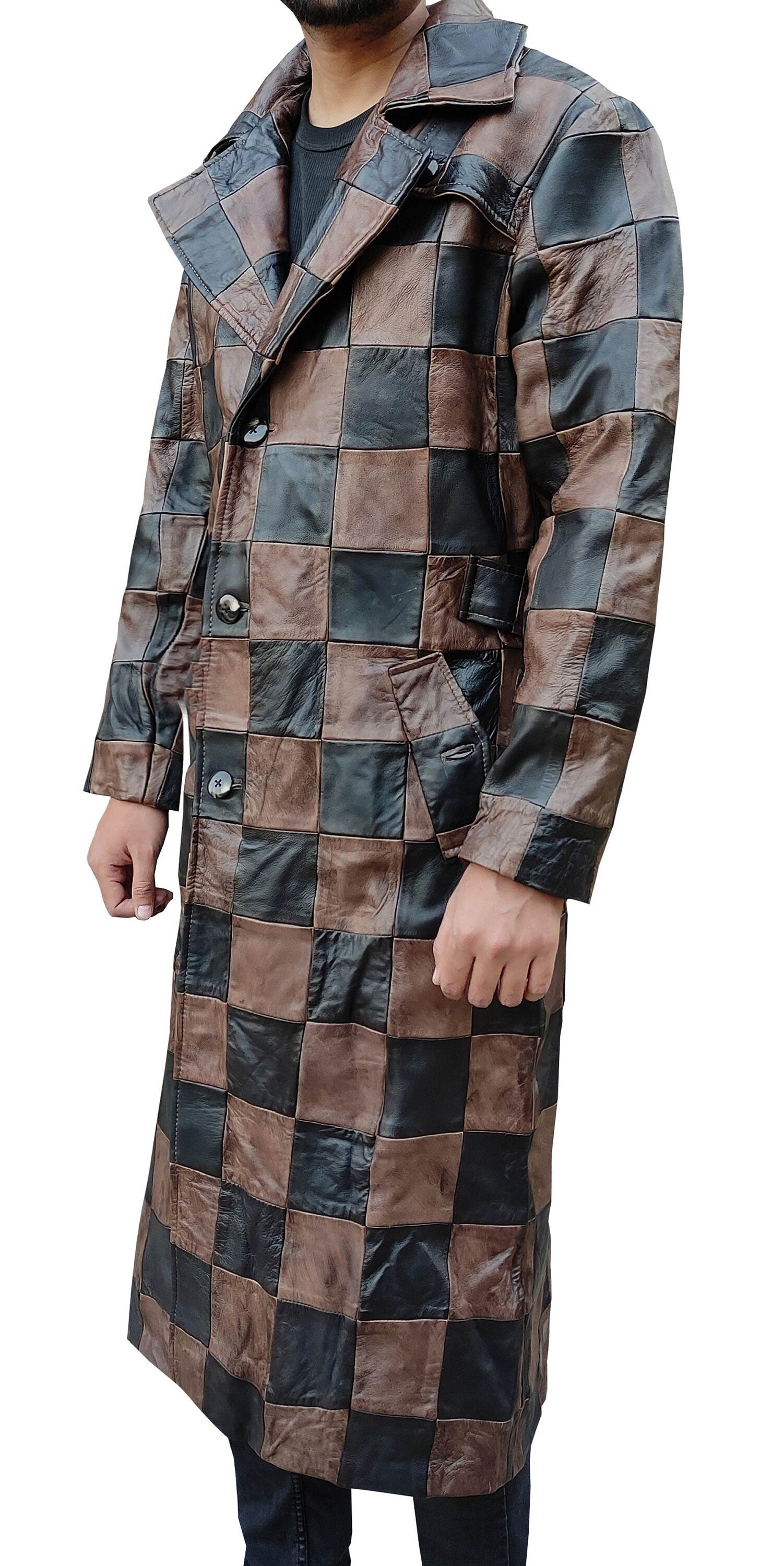 Handmade Leather Men Chase Pattern Trench Coat