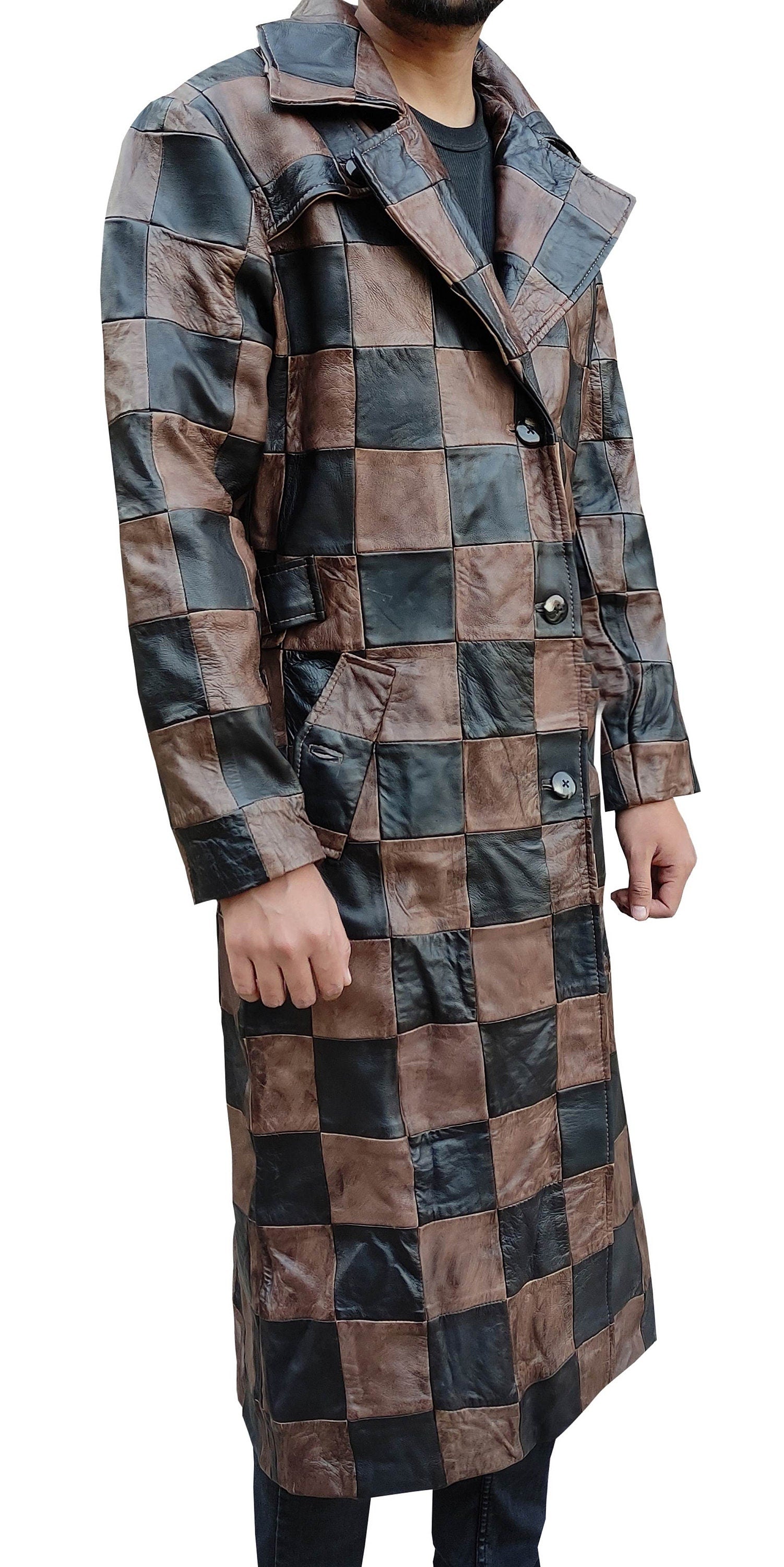 Handmade Leather Men Chase Pattern Trench Coat